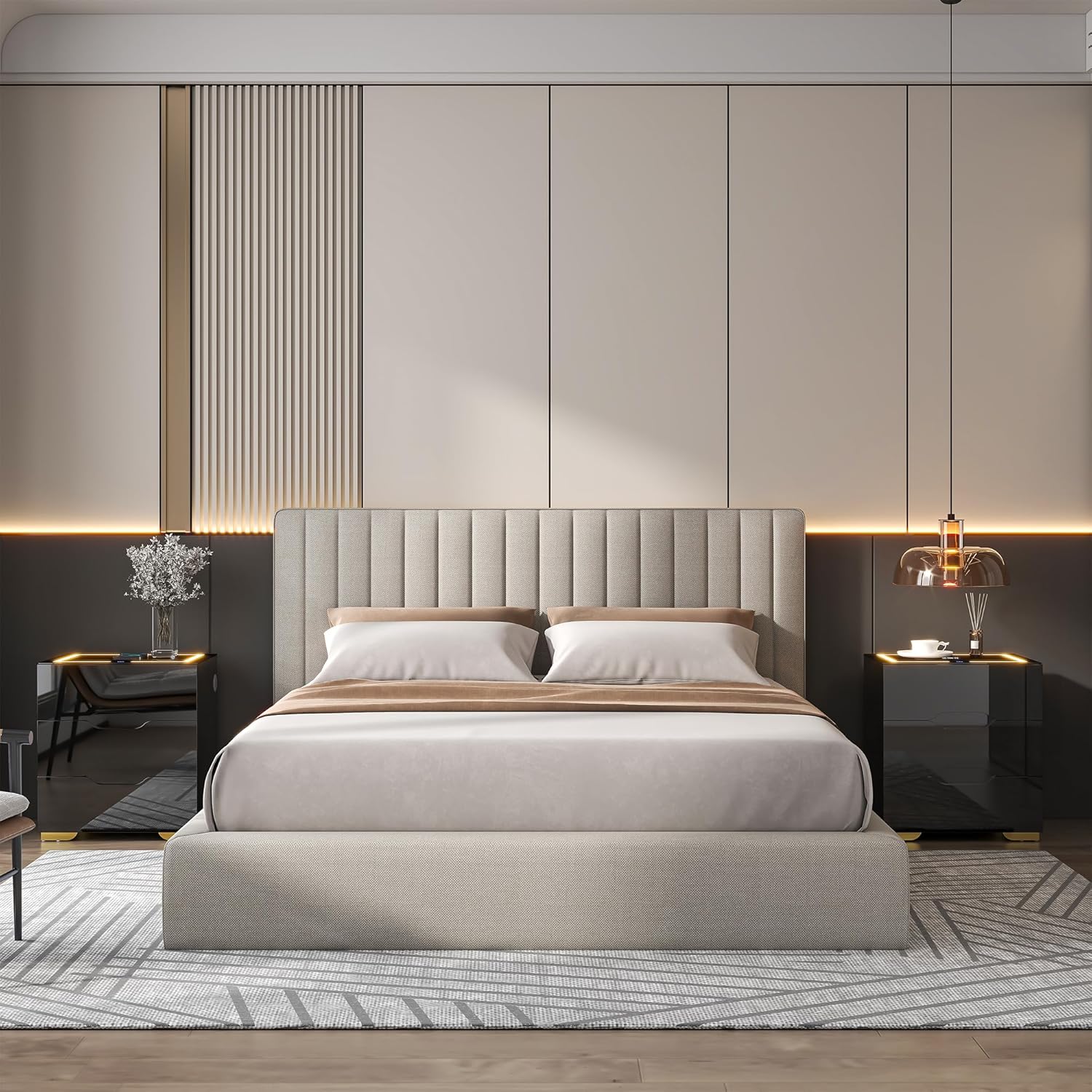 Mesita de noche inteligente negra con estación de carga inalámbrica y carga USB, mesita de noche inteligente de alto brillo con luces LED ajustables, organizador de mesa auxiliar para