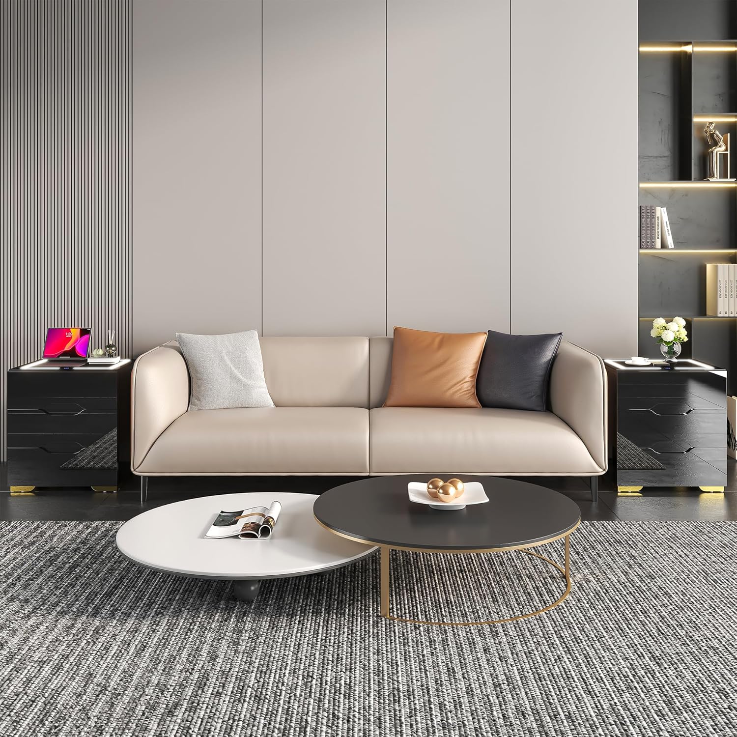 Mesita de noche inteligente negra con estación de carga inalámbrica y carga USB, mesita de noche inteligente de alto brillo con luces LED ajustables, organizador de mesa auxiliar para