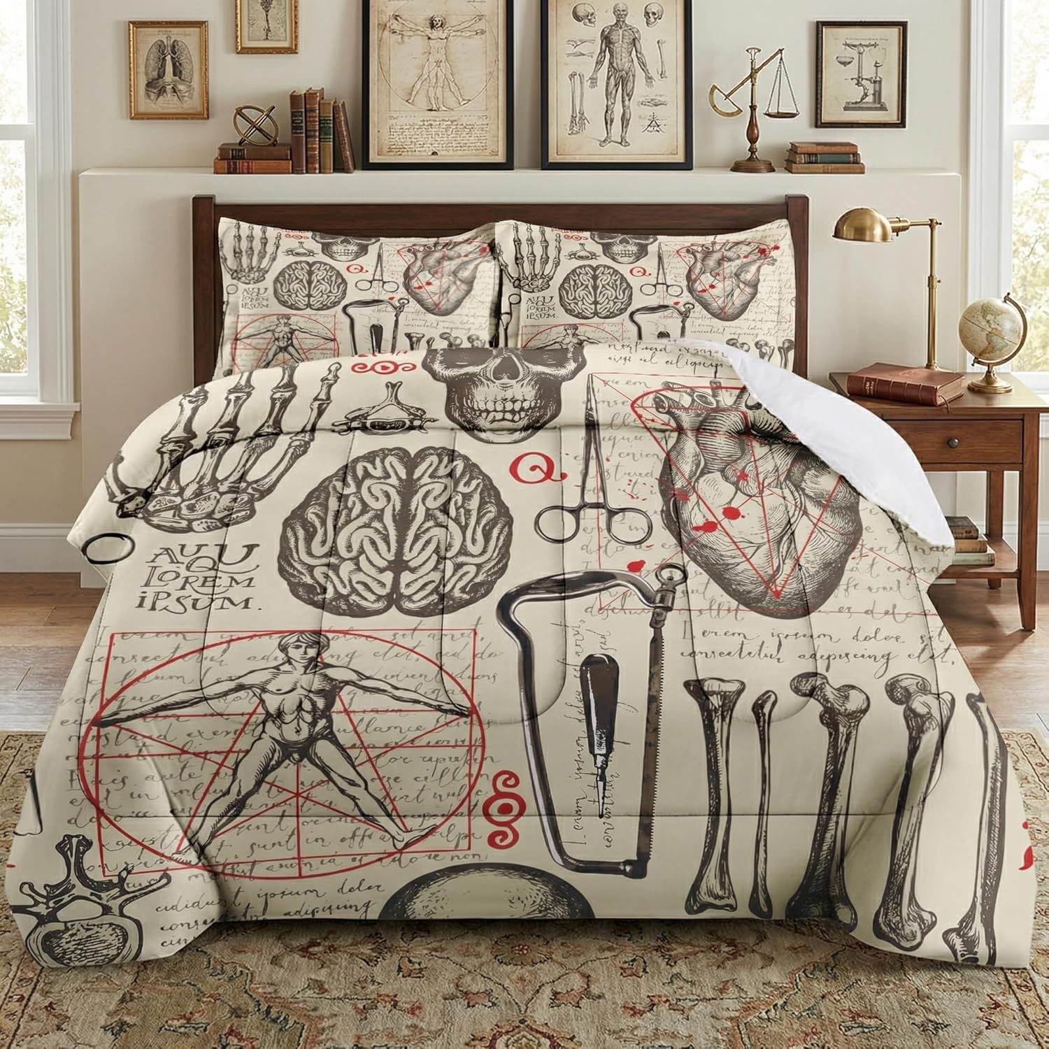 Juego de edredón de tamaño individual con funda de almohada, ropa de cama suave de 2 piezas de anatomía científica vintage para niños y adultos, decoración de cama