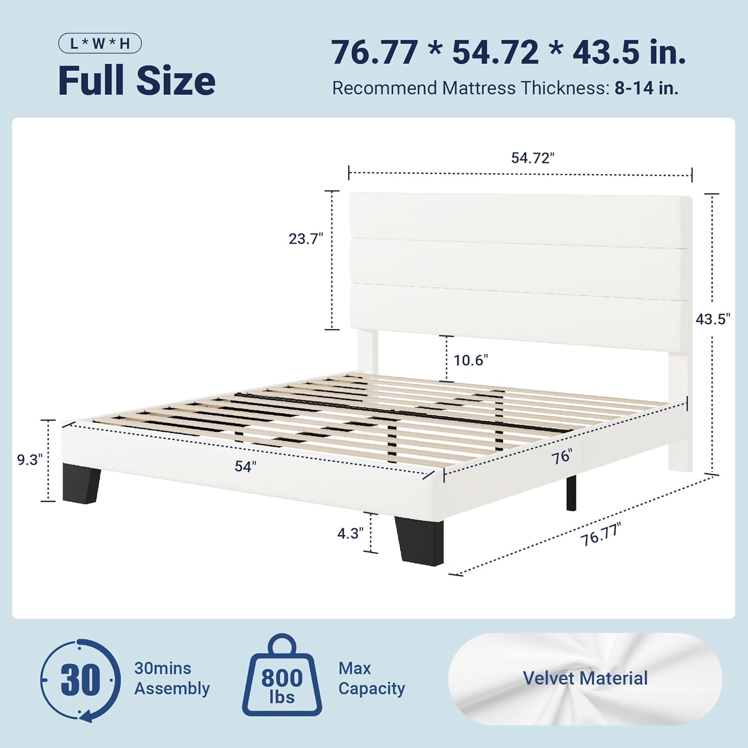 Cama Full con cabecera tapizada de terciopelo y soporte de listones de madera, base de colchón totalmente tapizada, no necesita somier, fácil montaje, color