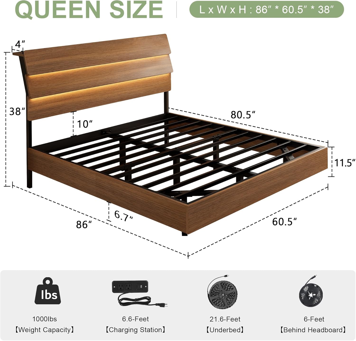 Cama flotante tamaño Queen con luces LED y estación de carga, base de cama de tamaño completo de madera con cabecero de almacenamiento, listones de metal resistentes, no requiere