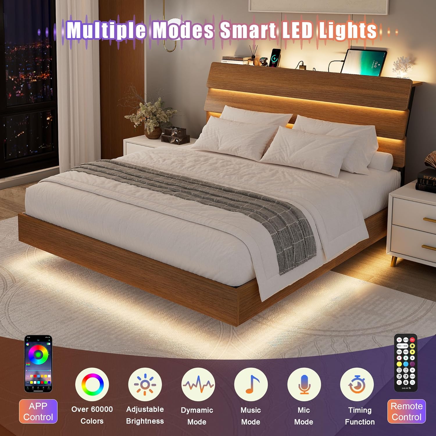 Cama flotante tamaño Queen con luces LED y estación de carga, base de cama de tamaño completo de madera con cabecero de almacenamiento, listones de metal resistentes, no requiere