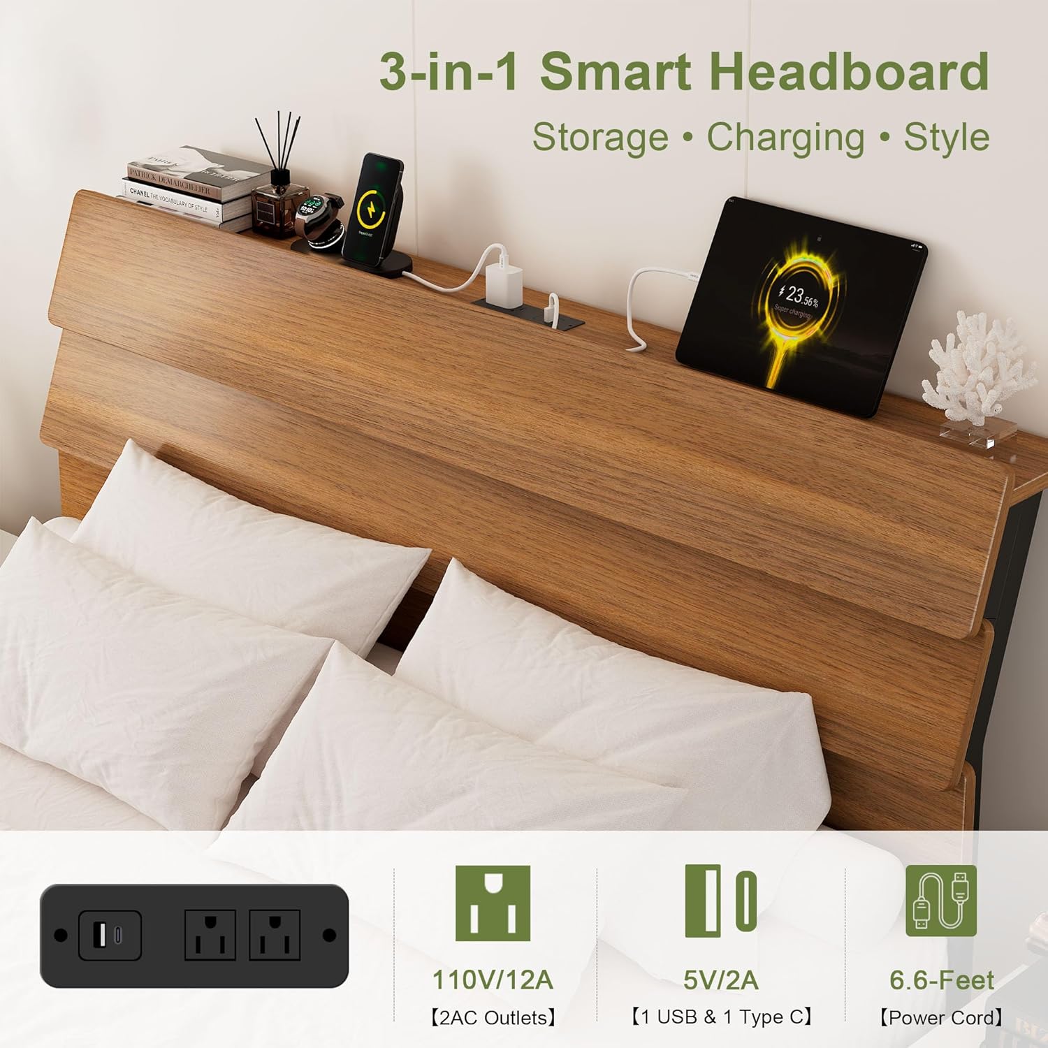 Cama flotante tamaño Queen con luces LED y estación de carga, base de cama de tamaño completo de madera con cabecero de almacenamiento, listones de metal resistentes, no requiere