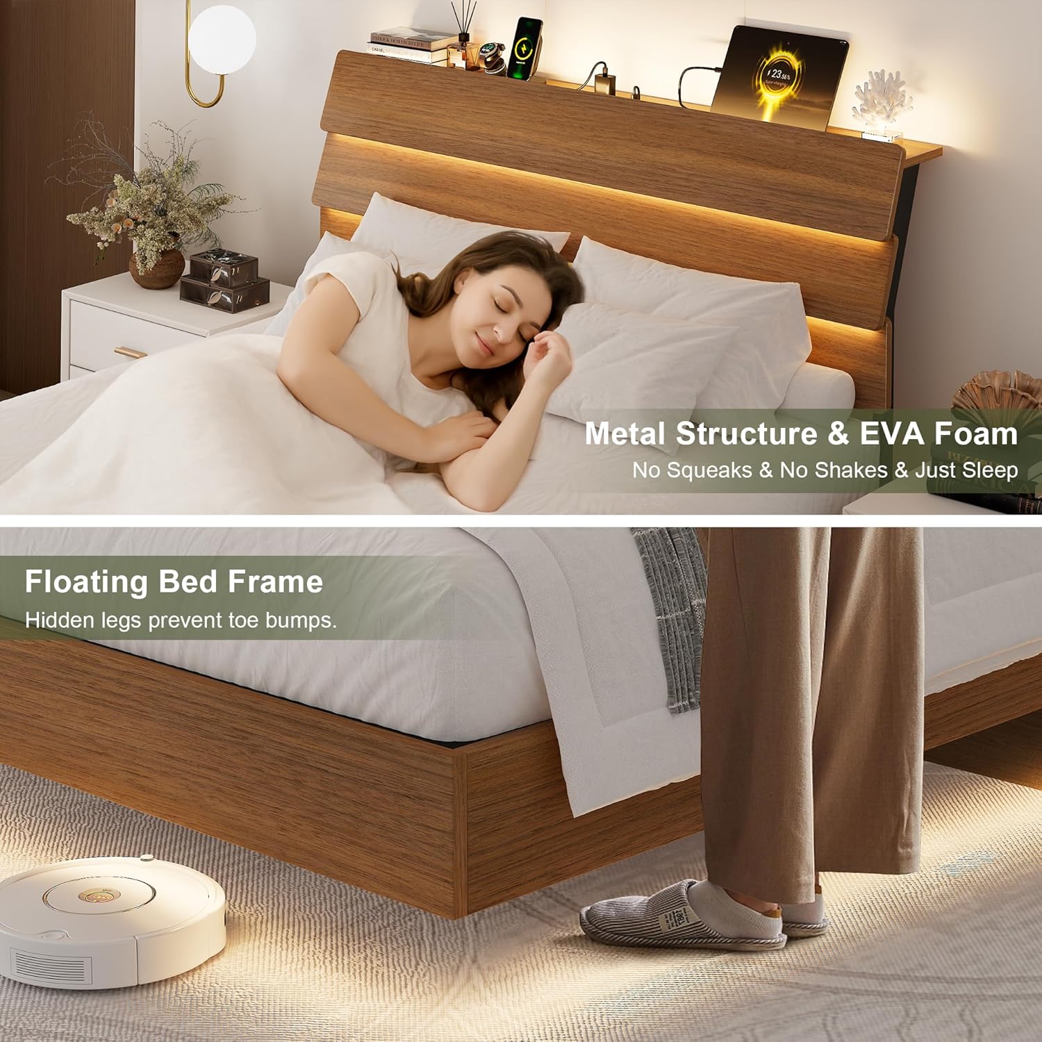 Cama flotante tamaño Queen con luces LED y estación de carga, base de cama de tamaño completo de madera con cabecero de almacenamiento, listones de metal resistentes, no requiere