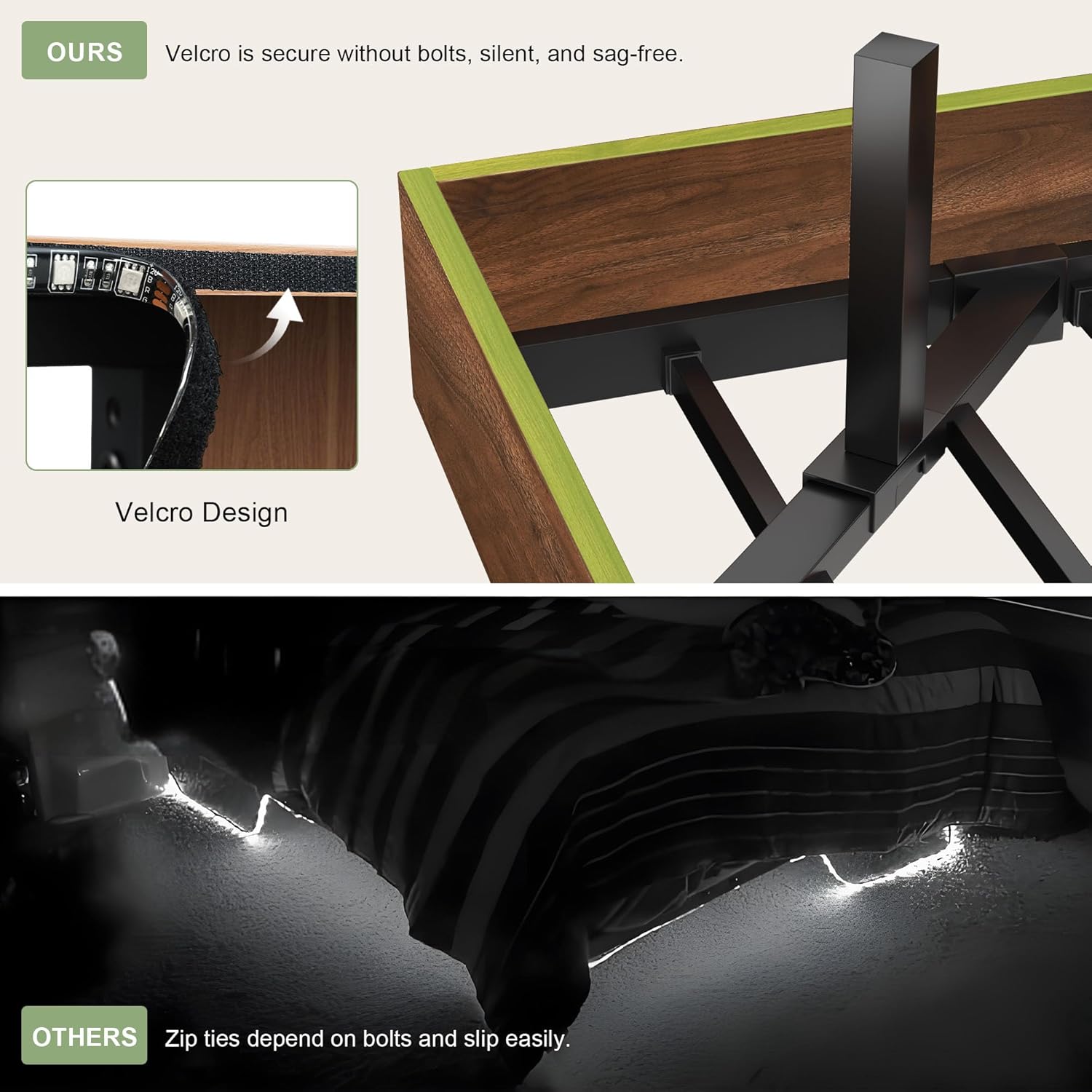 Cama flotante tamaño Queen con luces LED y estación de carga, base de cama de tamaño completo de madera con cabecero de almacenamiento, listones de metal resistentes, no requiere