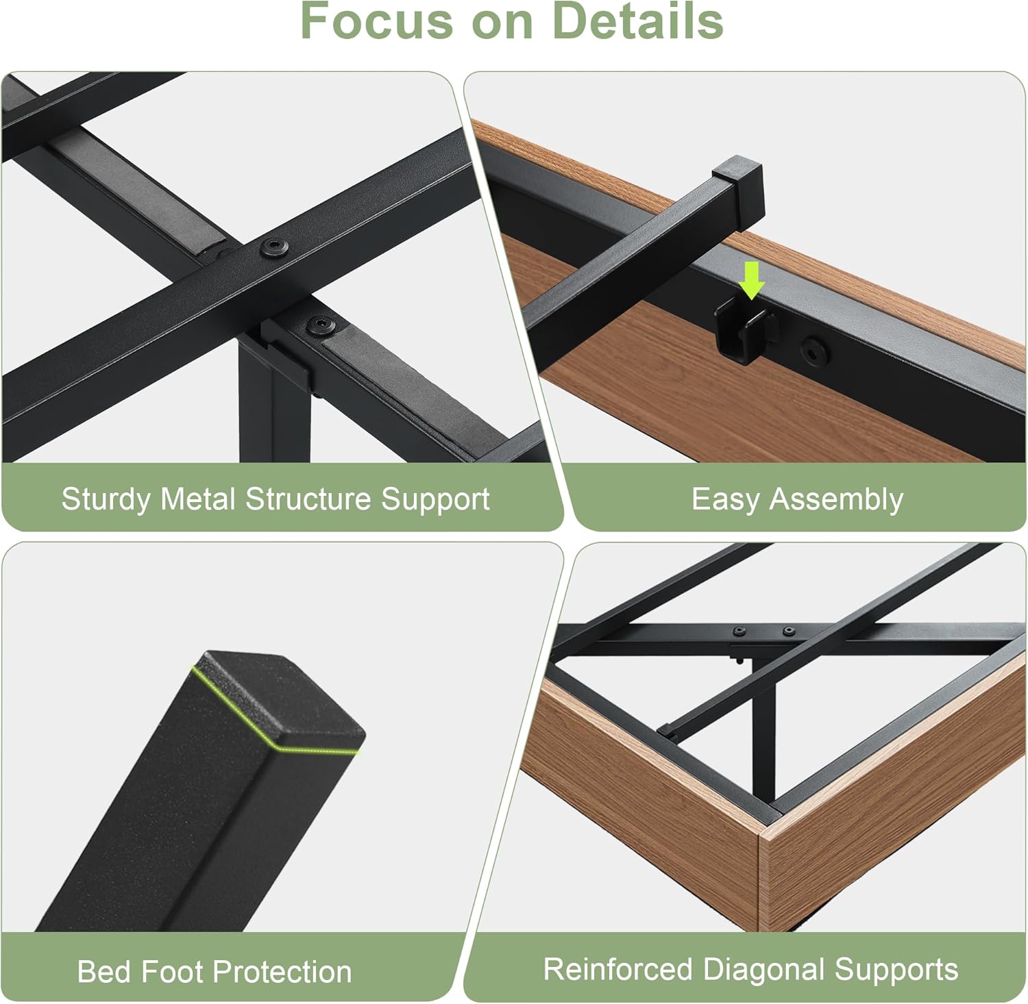 Cama flotante tamaño Queen con luces LED y estación de carga, base de cama de tamaño completo de madera con cabecero de almacenamiento, listones de metal resistentes, no requiere