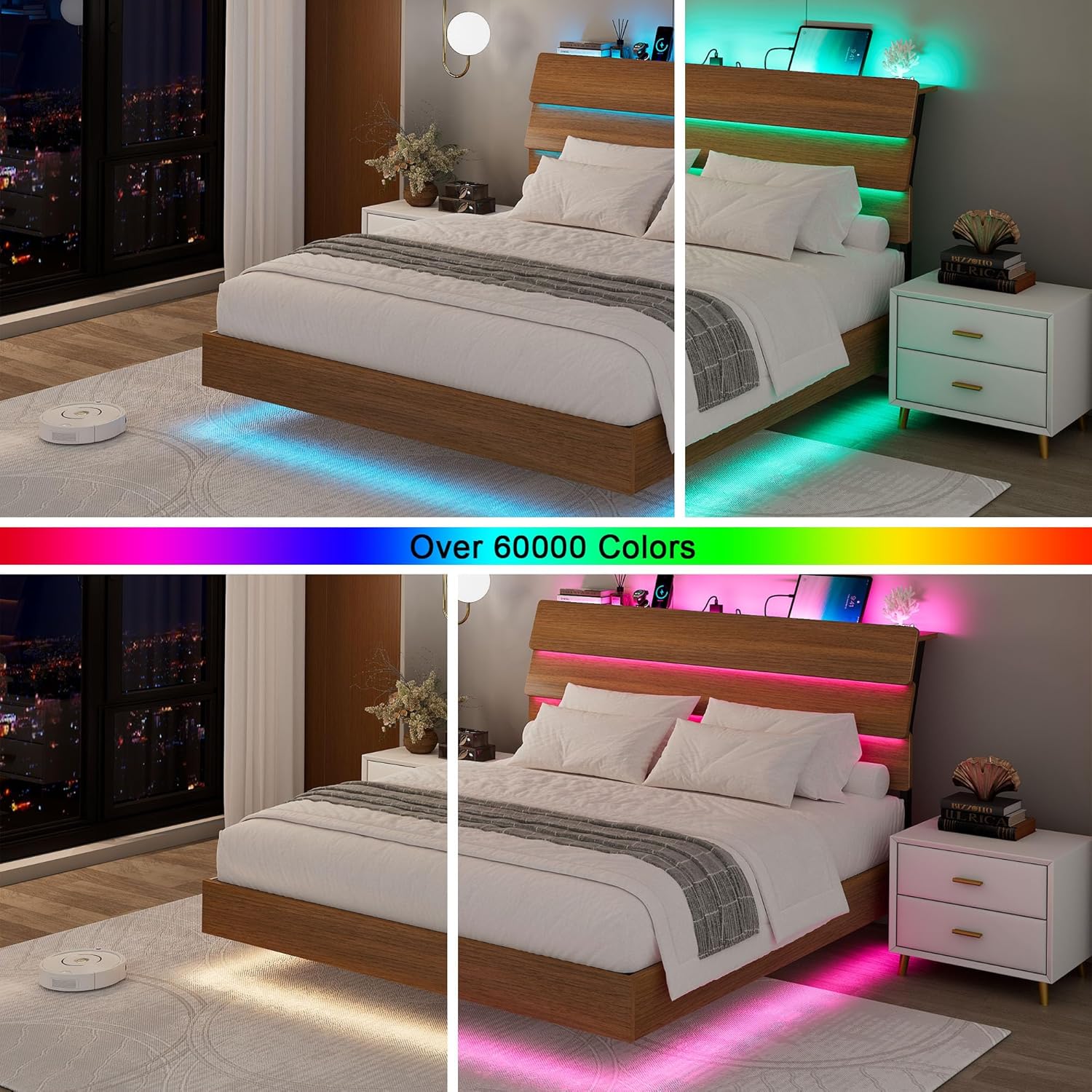 Cama flotante tamaño Queen con luces LED y estación de carga, base de cama de tamaño completo de madera con cabecero de almacenamiento, listones de metal resistentes, no requiere