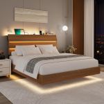 Cama Queen flotante Respaldo de Madera con luces LED y estación de carga.