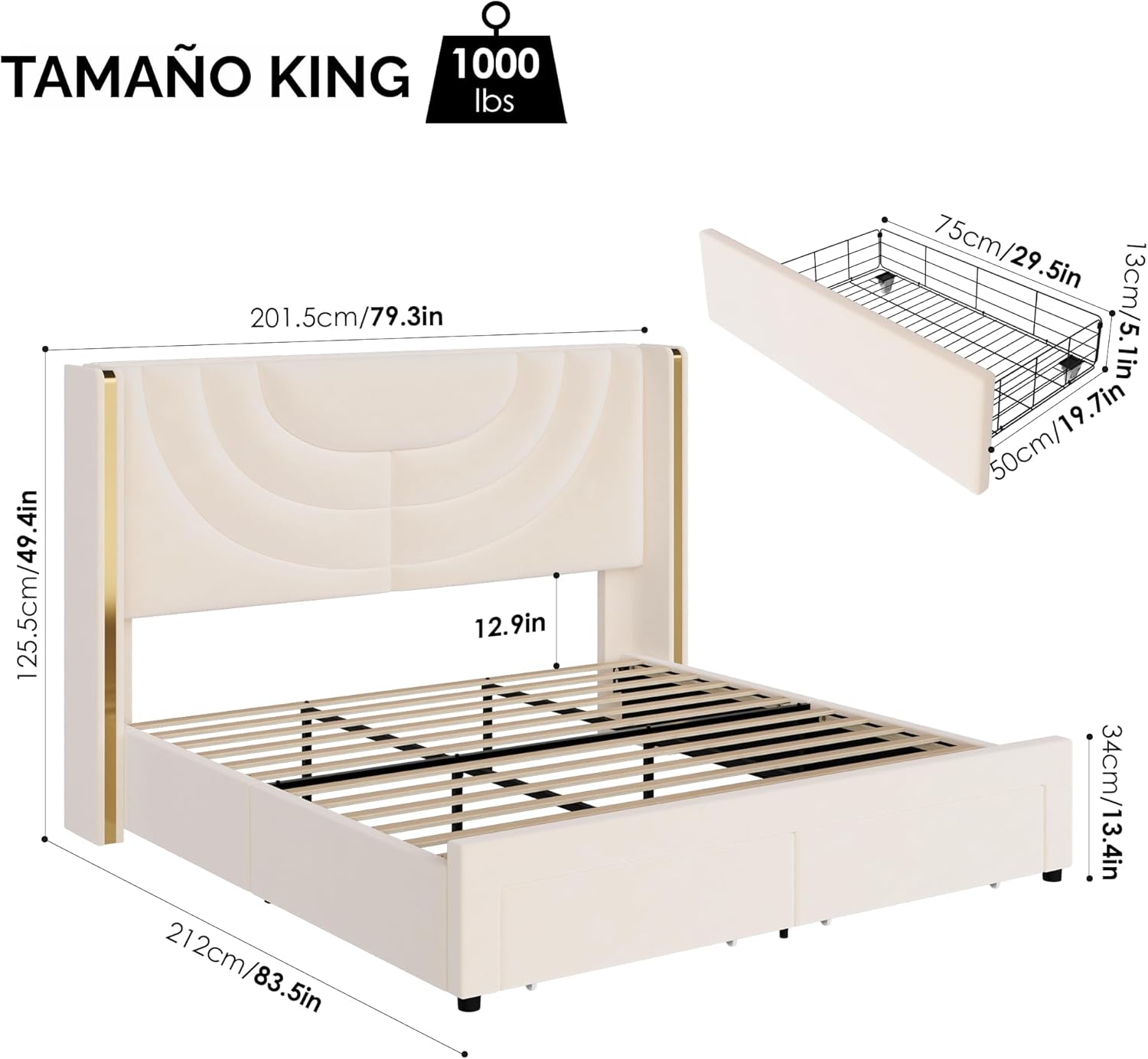 Cama LED Tapizada King con 2 Cajones de Almacenamiento, Cama Plataforma de Terciopelo con Cabecera Wingback, Soporte de Listones de Madera Sólida, No Necesita Somier, Diseño de Empalme