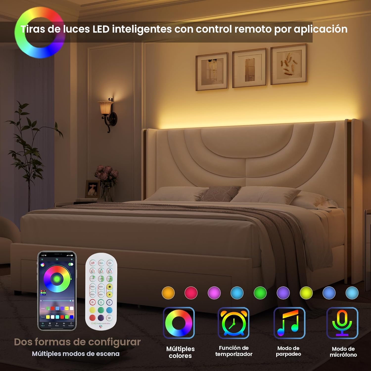 Cama LED Tapizada King con 2 Cajones de Almacenamiento, Cama Plataforma de Terciopelo con Cabecera Wingback, Soporte de Listones de Madera Sólida, No Necesita Somier, Diseño de Empalme