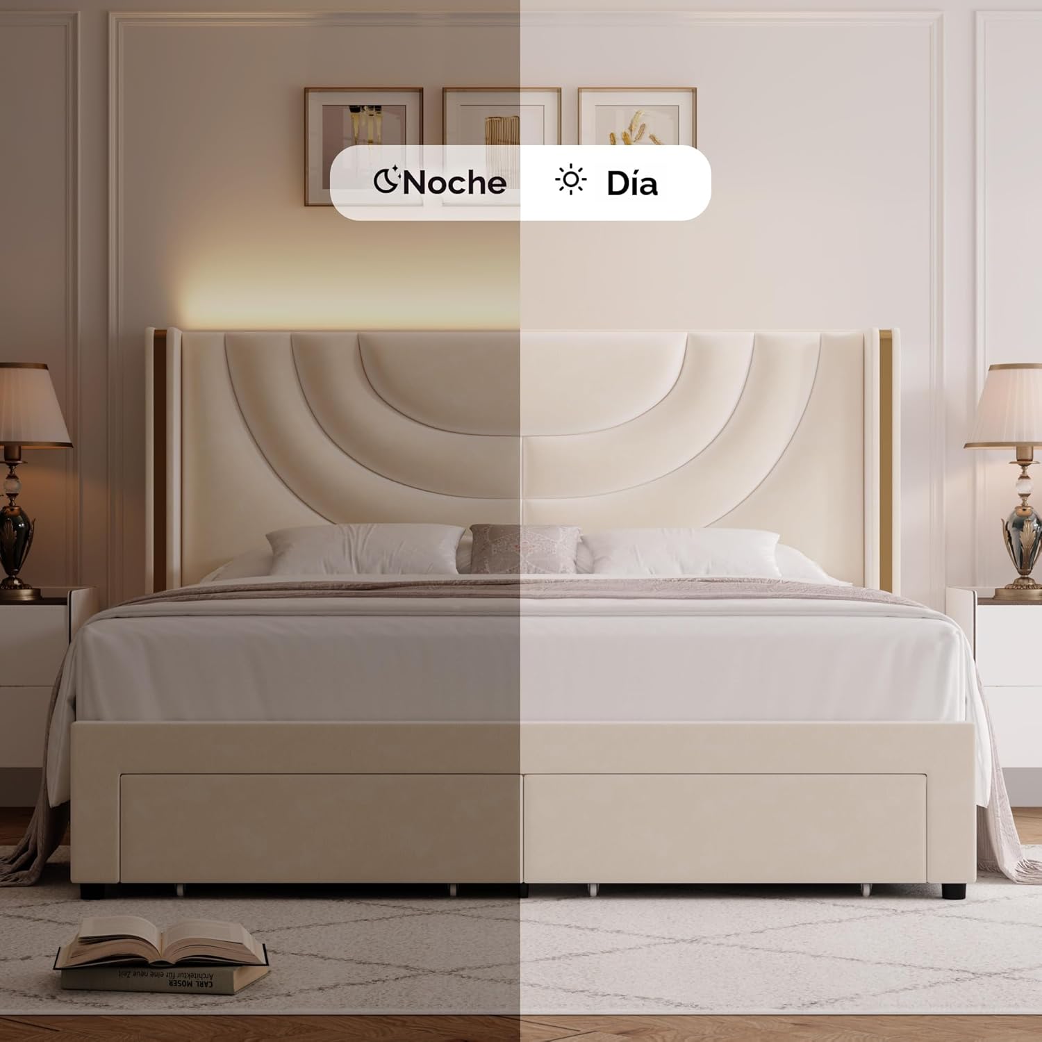 Cama LED Tapizada King con 2 Cajones de Almacenamiento, Cama Plataforma de Terciopelo con Cabecera Wingback, Soporte de Listones de Madera Sólida, No Necesita Somier, Diseño de Empalme