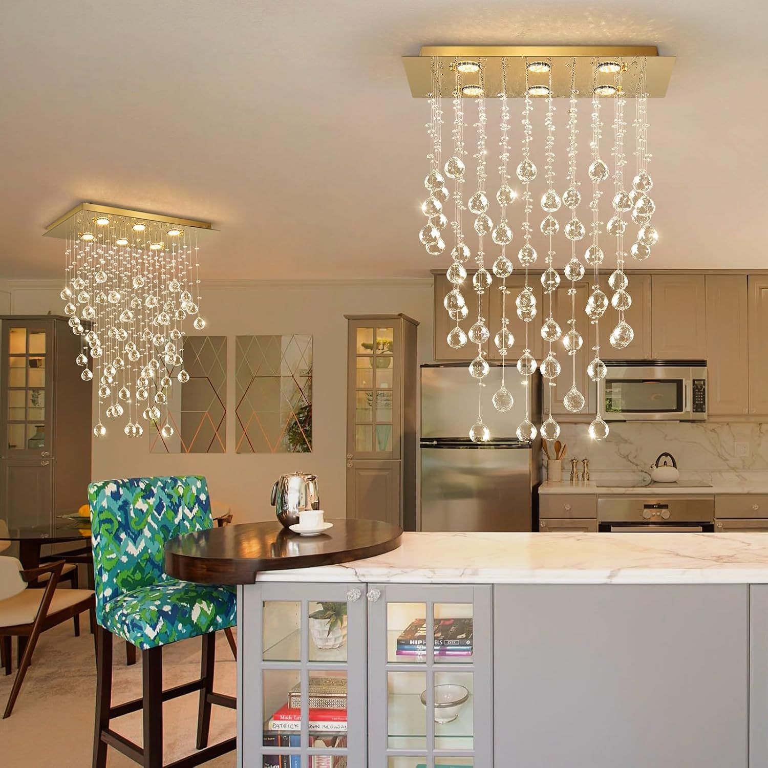 Candelabro de cristal glamuroso colgante de gota de lluvia, luz de techo LED Iluminación rectangular para comedor para isla de cocina Luz LED regulable dorada