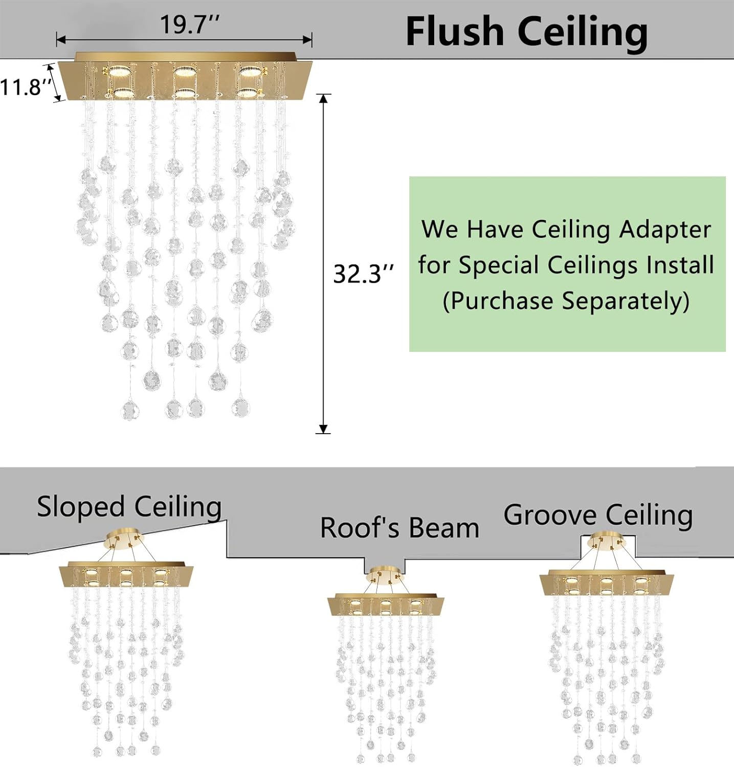 Candelabro de cristal glamuroso colgante de gota de lluvia, luz de techo LED Iluminación rectangular para comedor para isla de cocina Luz LED regulable dorada