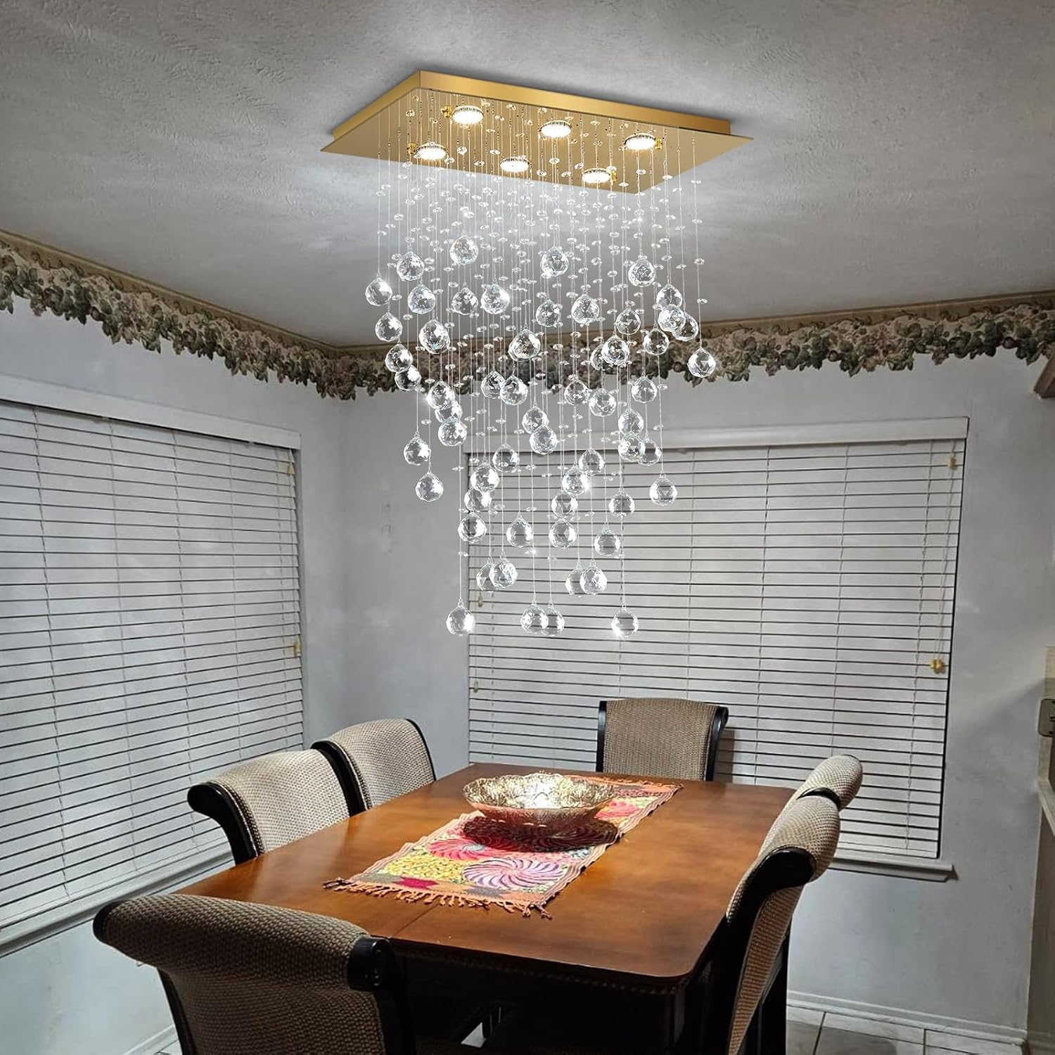 Candelabro de cristal glamuroso colgante de gota de lluvia, luz de techo LED Iluminación rectangular para comedor para isla de cocina Luz LED regulable dorada