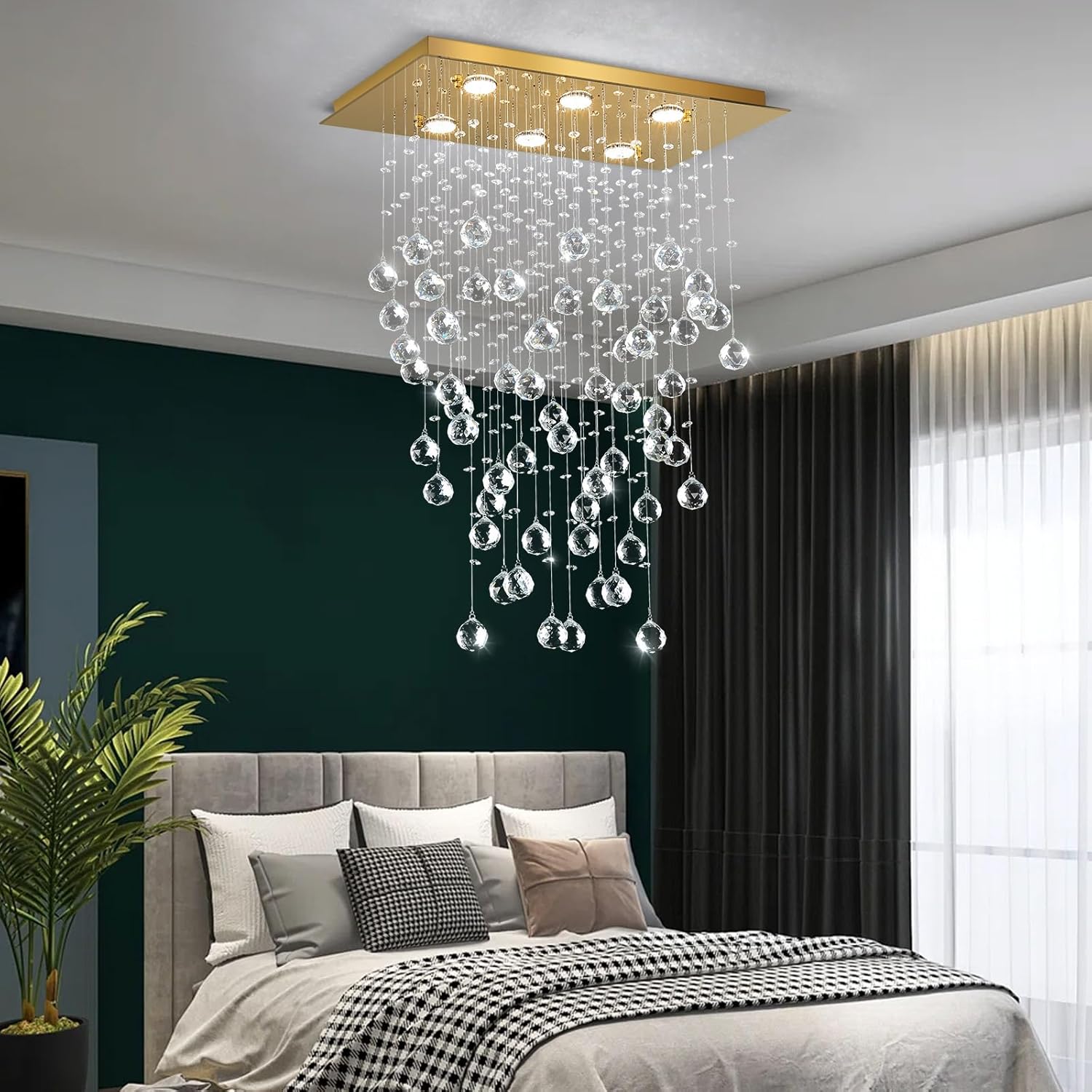 Candelabro de cristal glamuroso colgante de gota de lluvia, luz de techo LED Iluminación rectangular para comedor para isla de cocina Luz LED regulable dorada