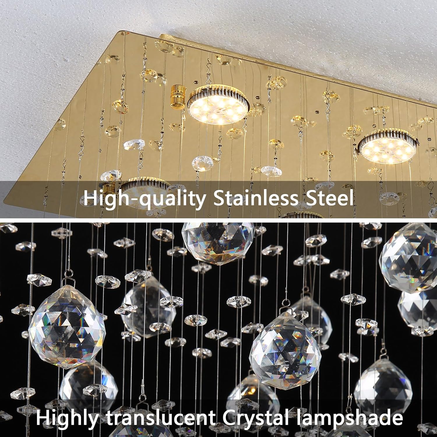 Candelabro de cristal glamuroso colgante de gota de lluvia, luz de techo LED Iluminación rectangular para comedor para isla de cocina Luz LED regulable dorada