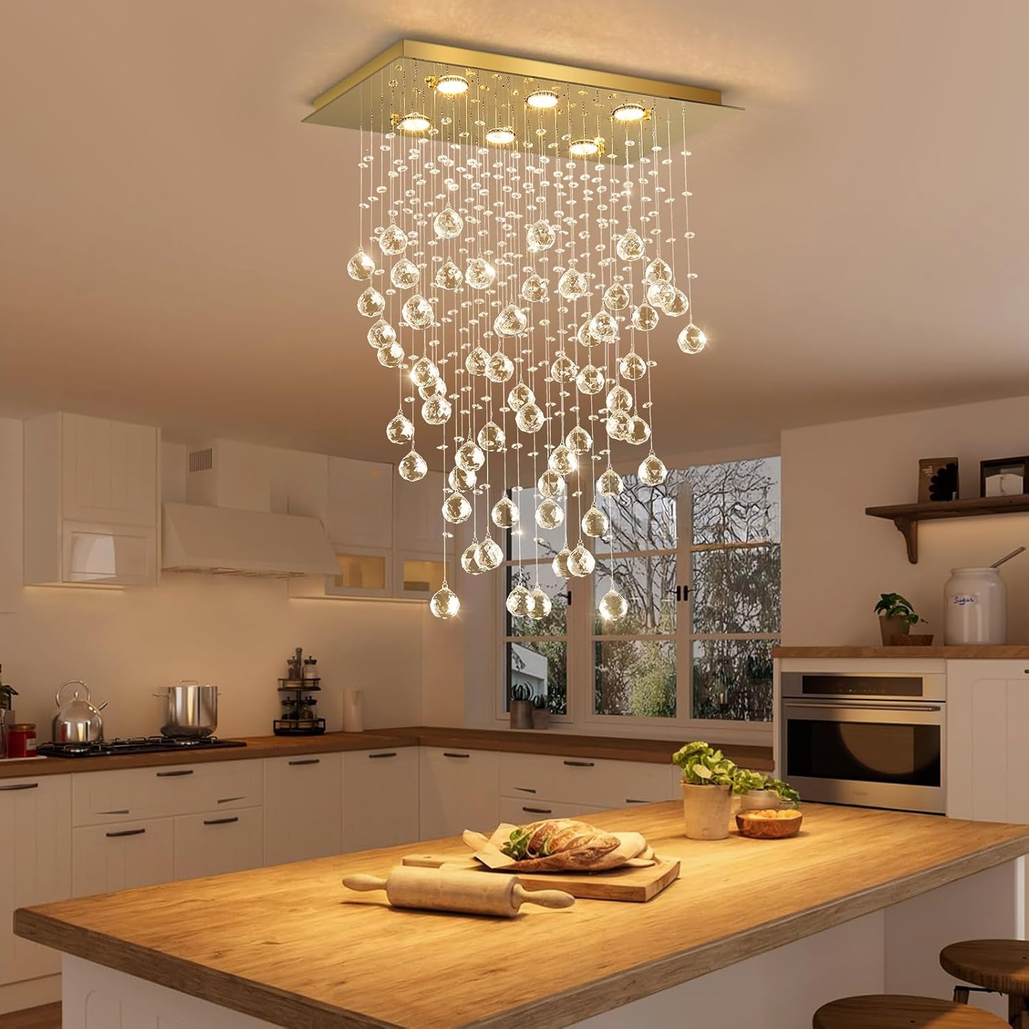 Candelabro de cristal glamuroso colgante de gota de lluvia, luz de techo LED Iluminación rectangular para comedor para isla de cocina Luz LED regulable dorada