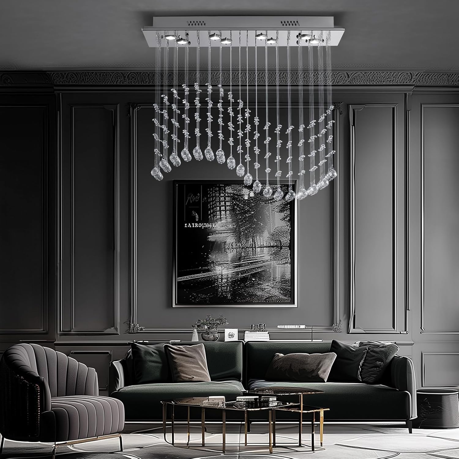 Candelabro rectangular con forma de gota de lluvia, lámpara de cristal de montaje empotrado, lámpara de techo colgante rectangular para comedor, isla de cocina, sala de estar, 31.5 pulgadas