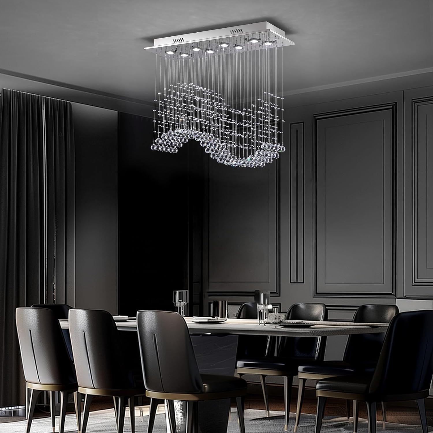 Candelabro rectangular con forma de gota de lluvia, lámpara de cristal de montaje empotrado, lámpara de techo colgante rectangular para comedor, isla de cocina, sala de estar, 31.5 pulgadas