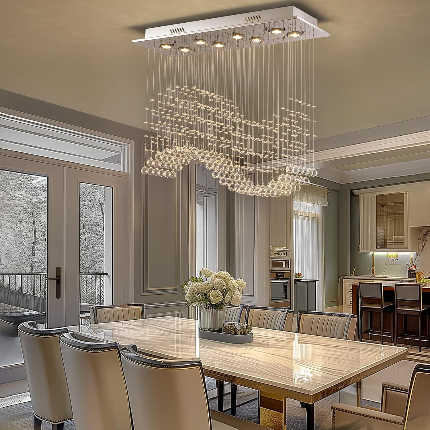 Candelabro rectangular con forma de gota de lluvia, lámpara de cristal de montaje empotrado, lámpara de techo colgante rectangular para comedor, isla de cocina, sala de estar, 31.5 pulgadas