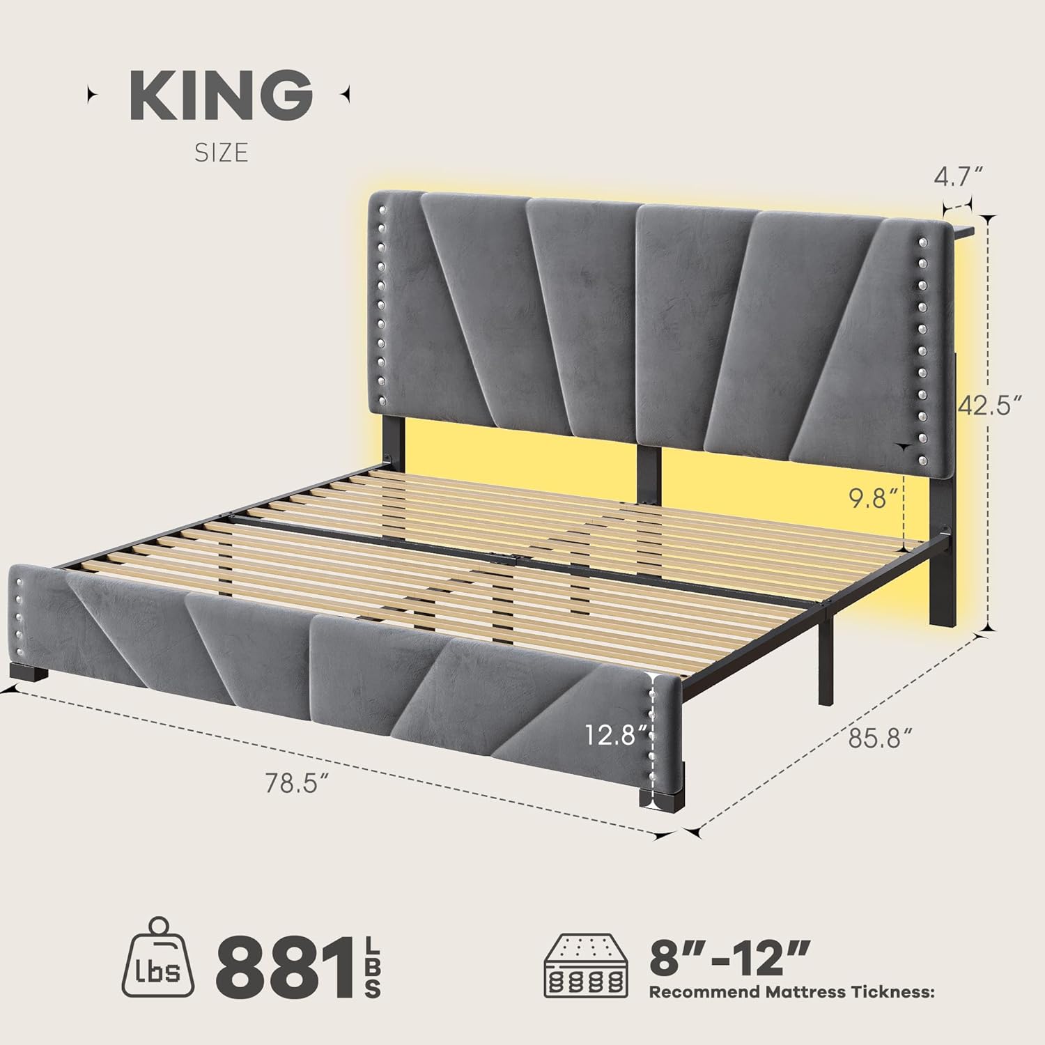 Cama tamaño King, marco de cama de terciopelo con cabecero y luz LED, marco de cama de plataforma para dormitorio, apartamento, dormitorio, sin ruido, fácil montaje, gris oscuro