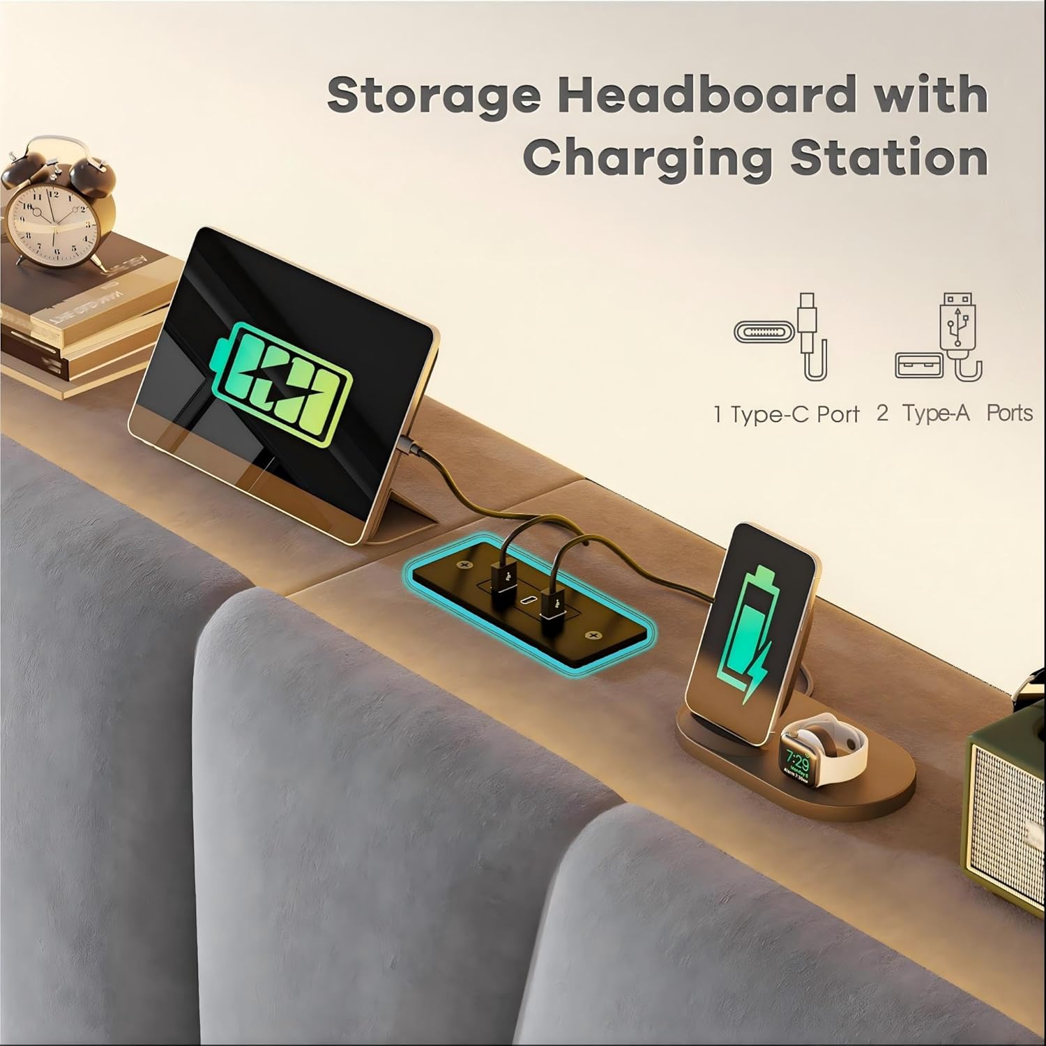 Cama tamaño King, marco de cama de terciopelo con cabecero y luz LED, marco de cama de plataforma para dormitorio, apartamento, dormitorio, sin ruido, fácil montaje, gris oscuro