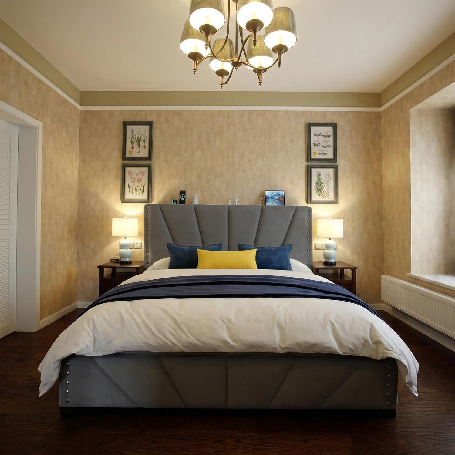 Cama tamaño King, marco de cama de terciopelo con cabecero y luz LED, marco de cama de plataforma para dormitorio, apartamento, dormitorio, sin ruido, fácil montaje, gris oscuro