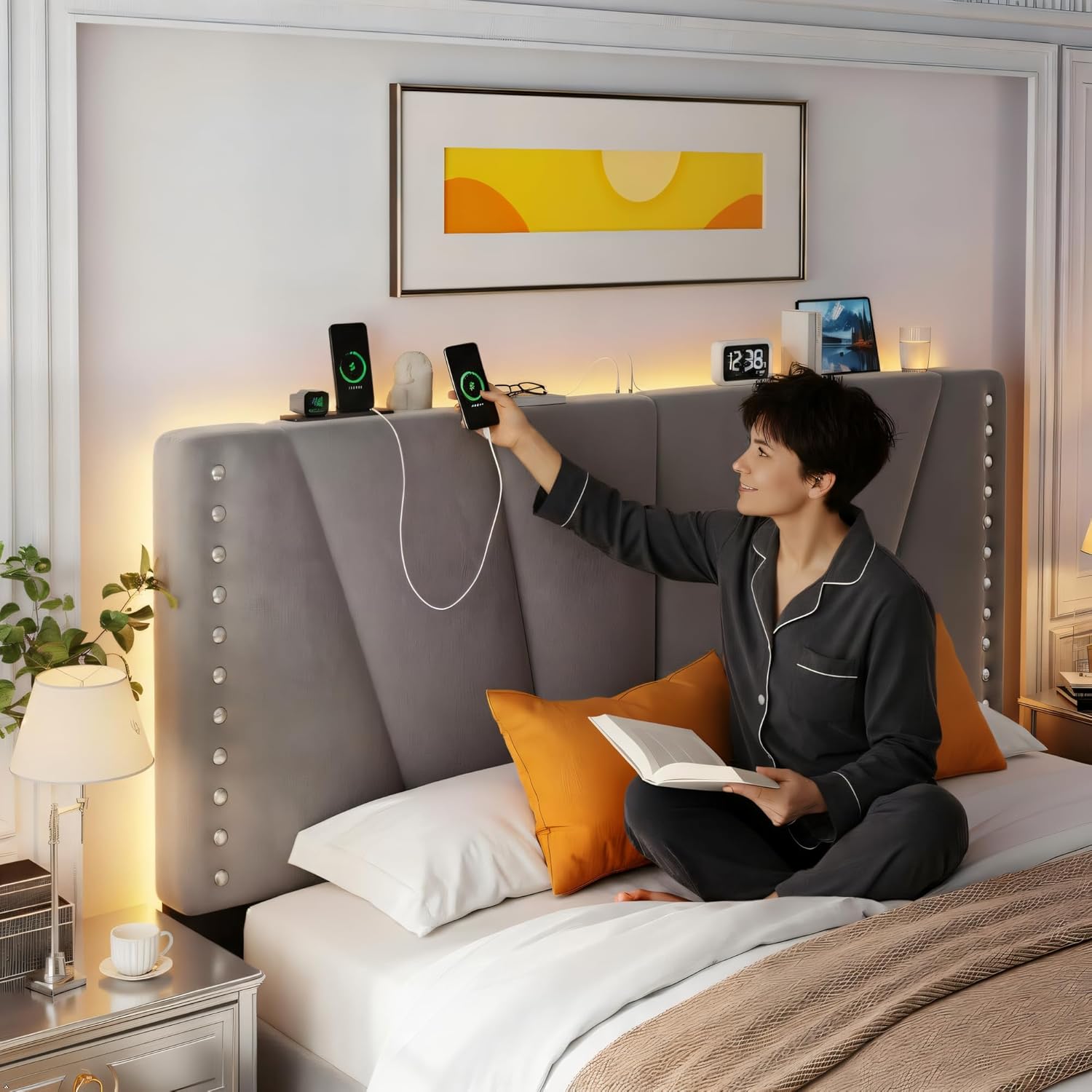 Cama tamaño King, marco de cama de terciopelo con cabecero y luz LED, marco de cama de plataforma para dormitorio, apartamento, dormitorio, sin ruido, fácil montaje, gris oscuro