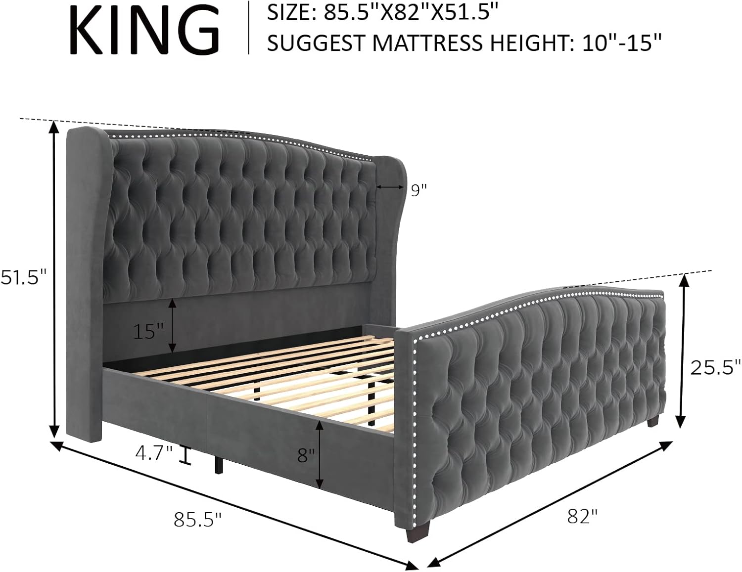 Cama de plataforma tamaño King, cama tapizada en terciopelo con botones profundos y cabecera con alas y ribete de clavos, no necesita somier, color gris