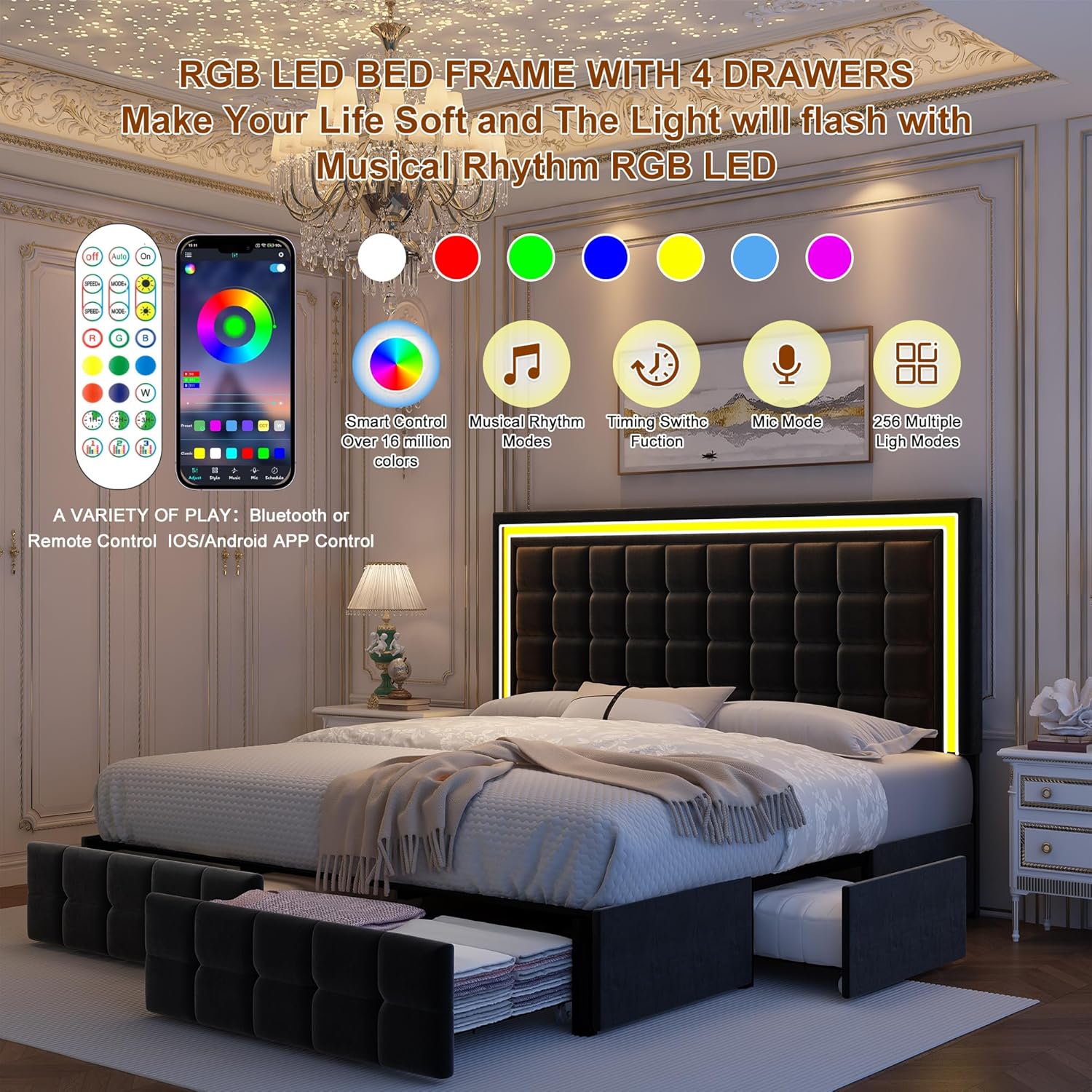 Cama LED completo con 4 cajones de almacenamiento, marco de cama con luces LED, no necesita somier, soporta 900 libras, fácil montaje, diseño silencioso y resistente, terciopelo