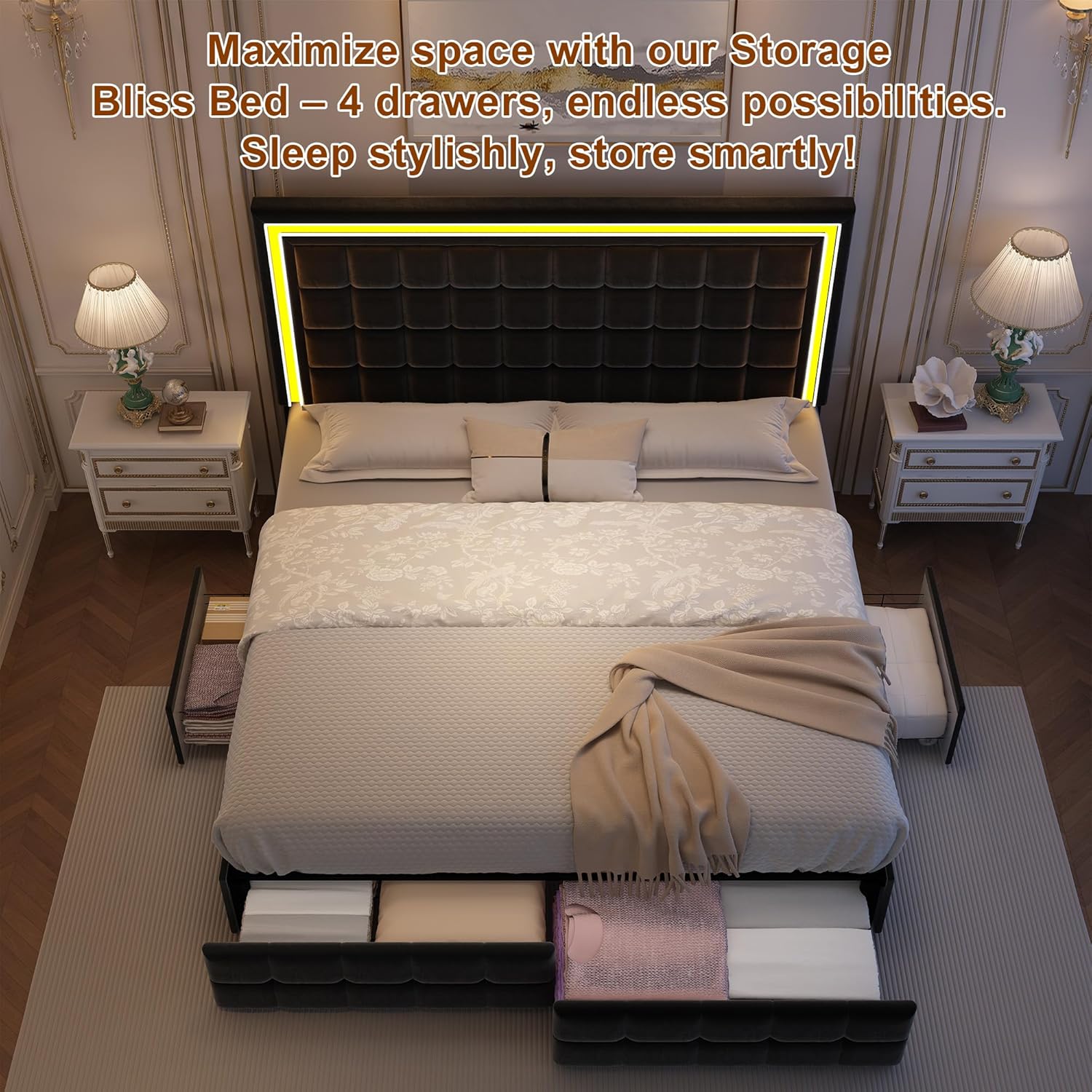 Cama LED completo con 4 cajones de almacenamiento, marco de cama con luces LED, no necesita somier, soporta 900 libras, fácil montaje, diseño silencioso y resistente, terciopelo