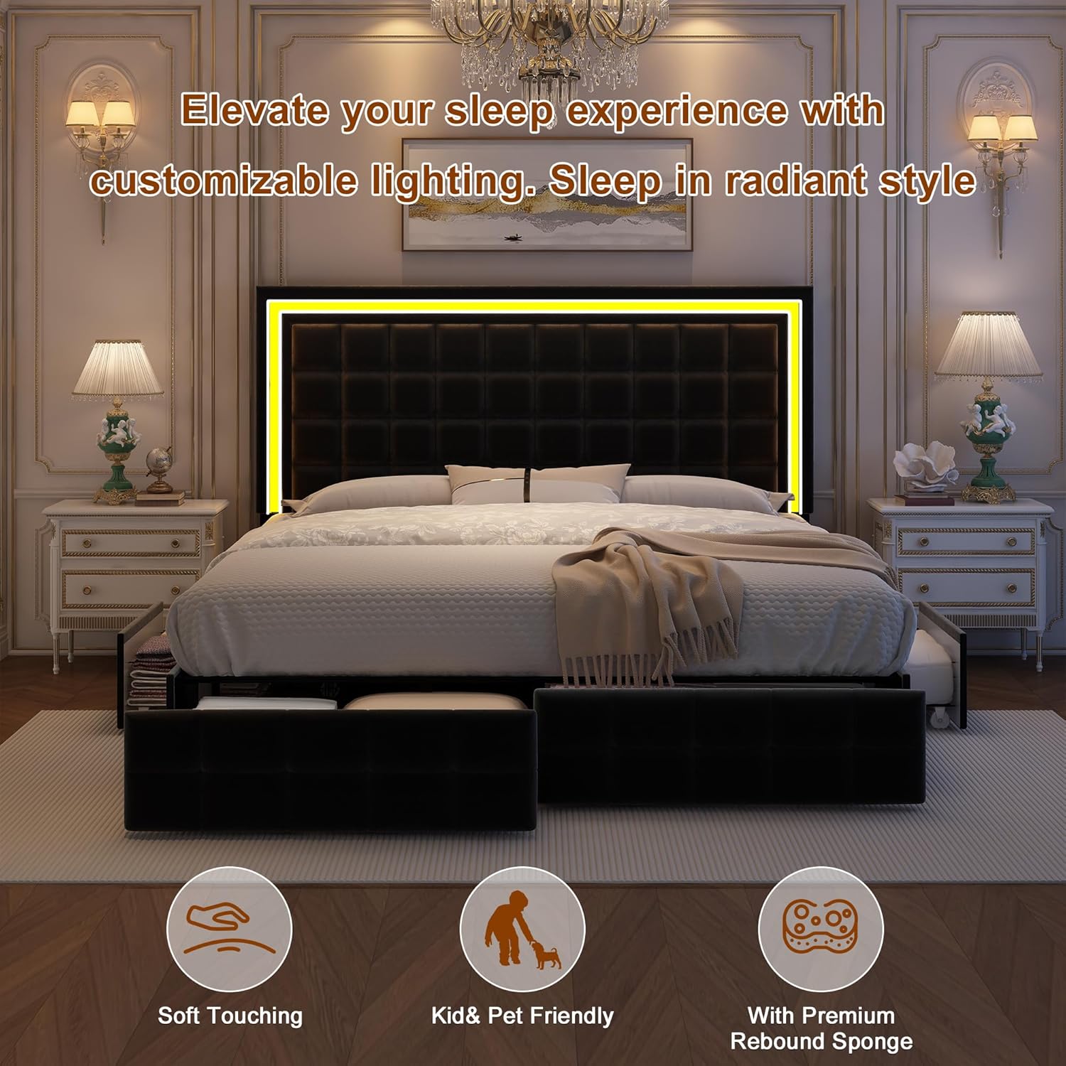Cama LED completo con 4 cajones de almacenamiento, marco de cama con luces LED, no necesita somier, soporta 900 libras, fácil montaje, diseño silencioso y resistente, terciopelo