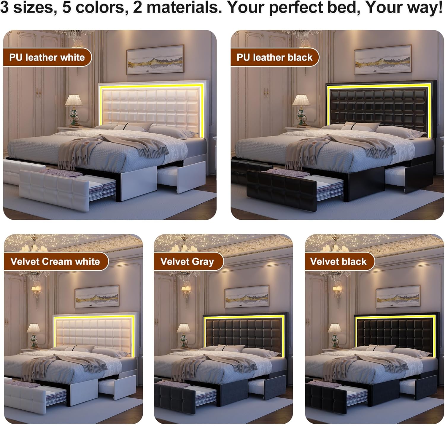 Cama LED completo con 4 cajones de almacenamiento, marco de cama con luces LED, no necesita somier, soporta 900 libras, fácil montaje, diseño silencioso y resistente, terciopelo