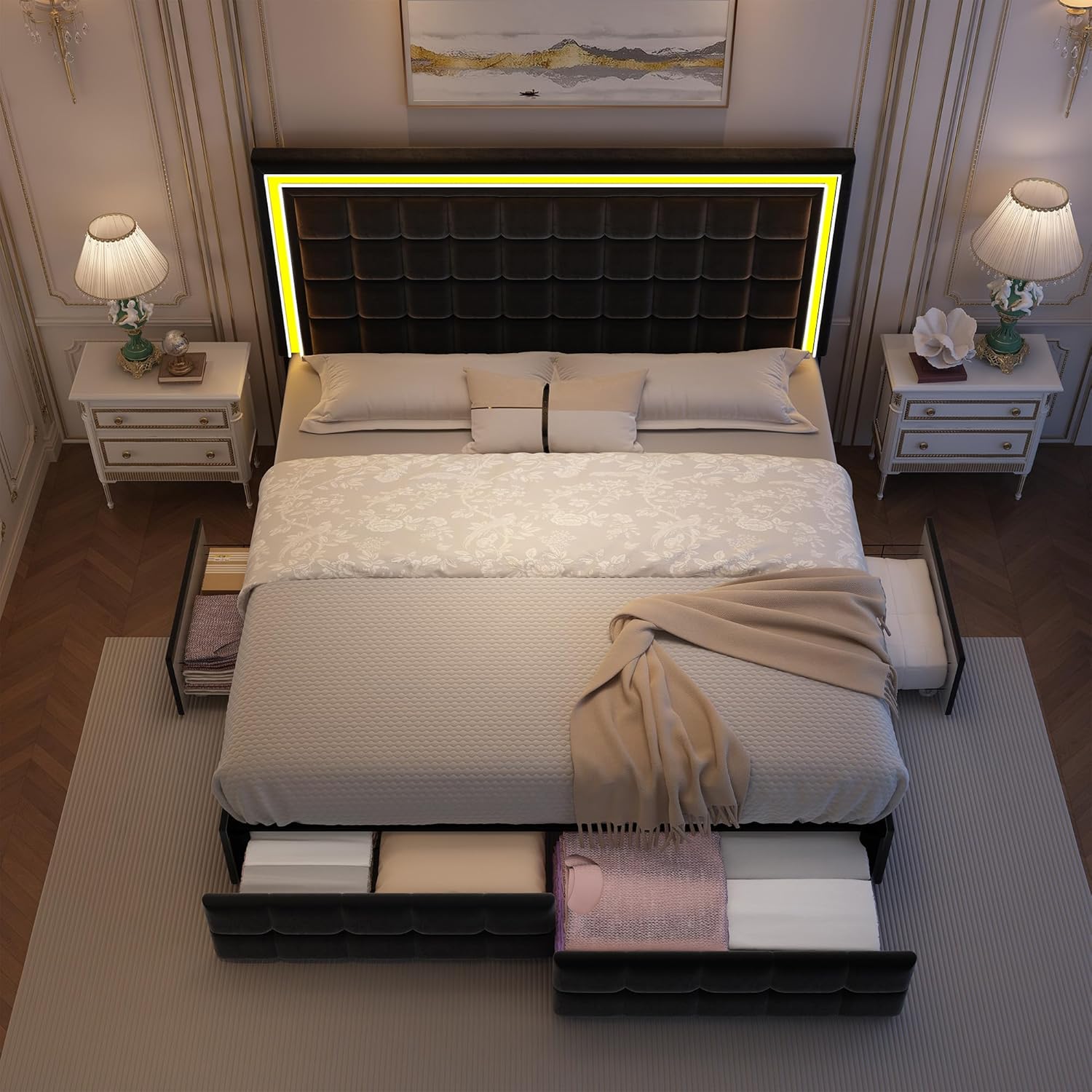 Cama LED completo con 4 cajones de almacenamiento, marco de cama con luces LED, no necesita somier, soporta 900 libras, fácil montaje, diseño silencioso y resistente, terciopelo