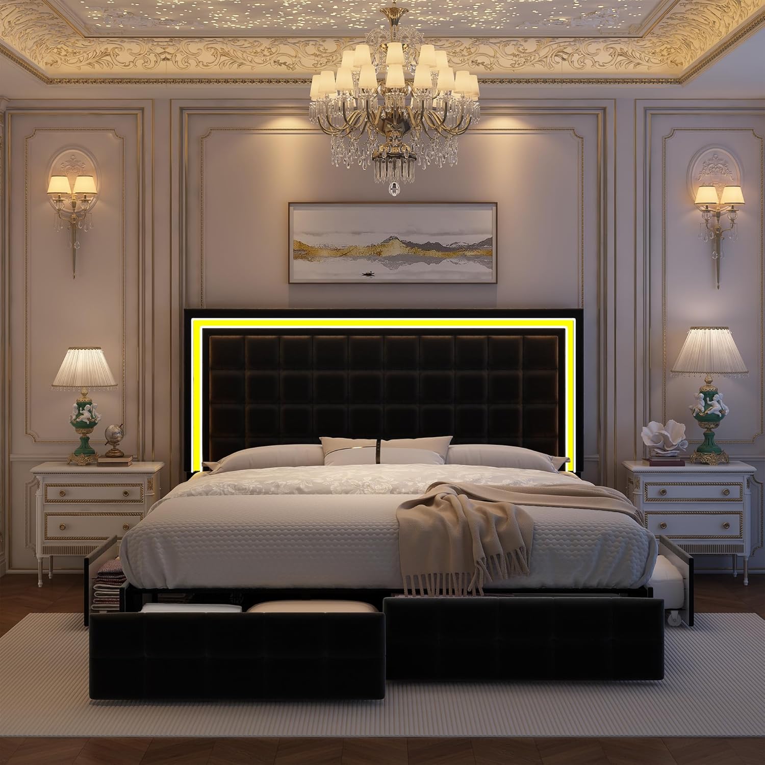 Cama LED completo con 4 cajones de almacenamiento, marco de cama con luces LED, no necesita somier, soporta 900 libras, fácil montaje, diseño silencioso y resistente, terciopelo