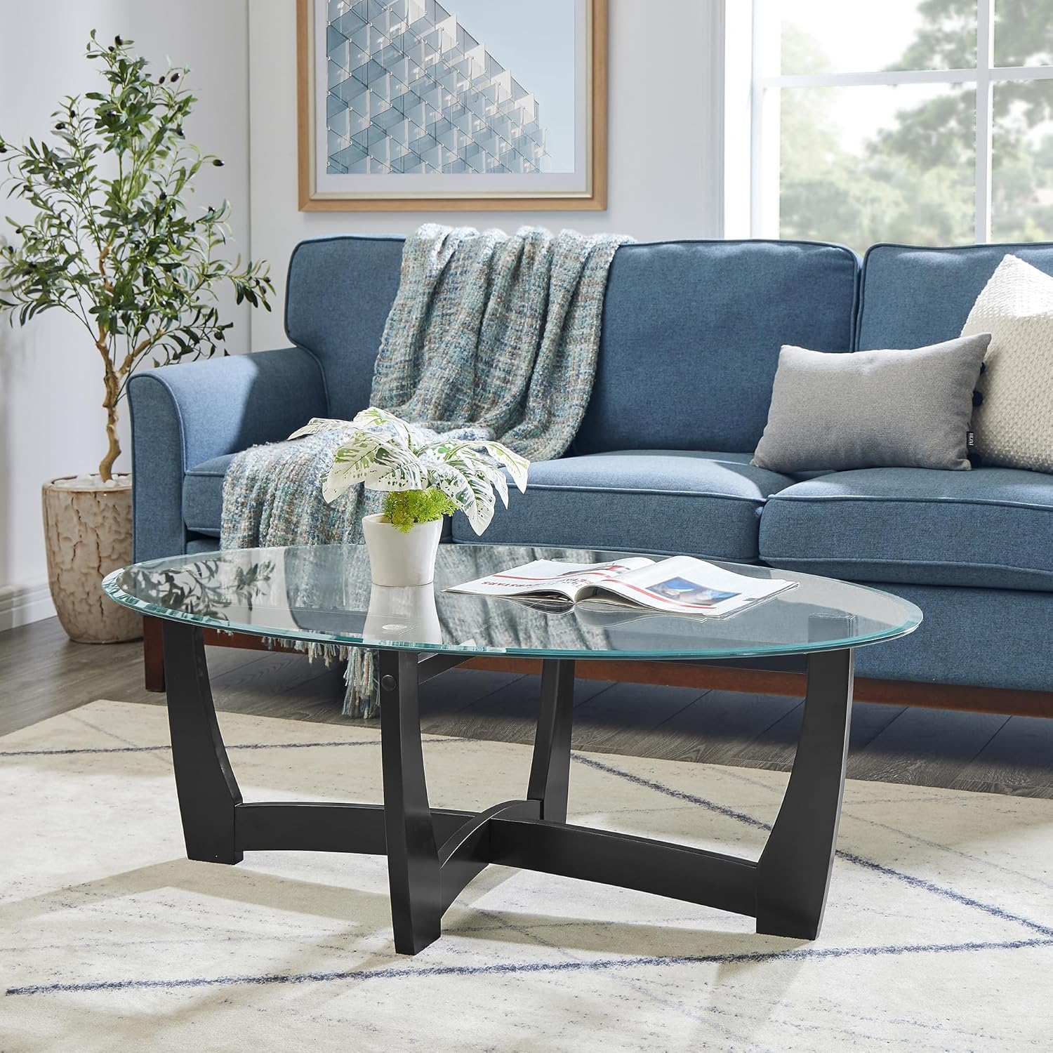 Mesa de centro ovalada de vidrio de 48 pulgadas: diseño moderno con tapa de vidrio templado y marco de madera maciza, mesa central que ahorra espacio para uso en salas de estar y apartamentos