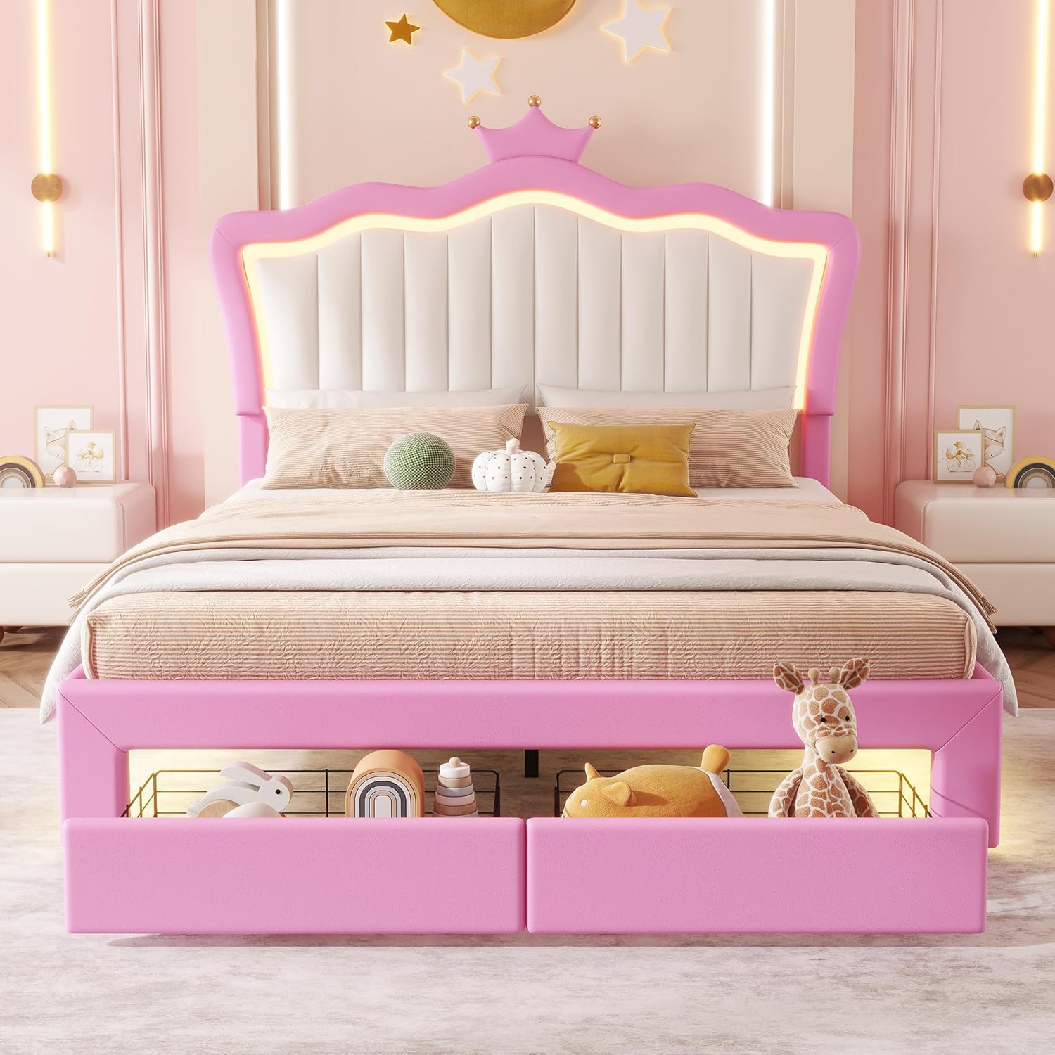 Linique Marco de cama de princesa tapizado tamaño completo con luces LED, cabecera de corona, 2 cajones, para niñas, rosa y blanco