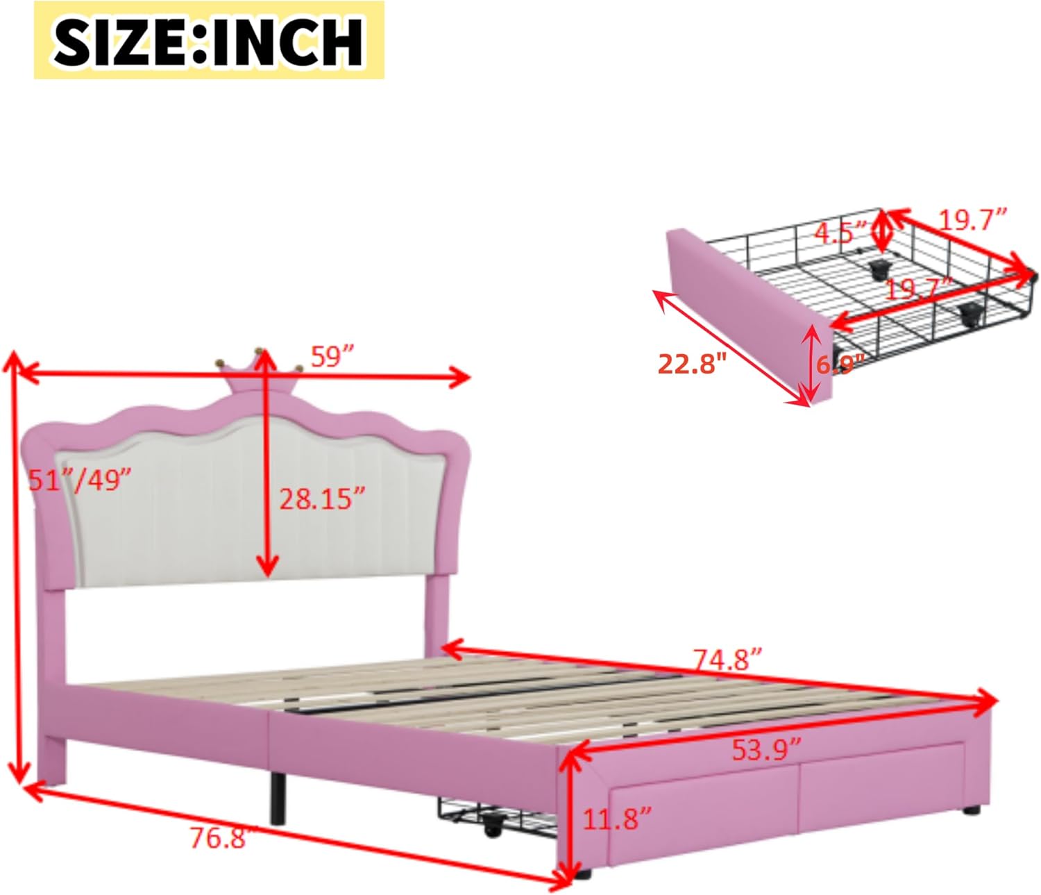 Linique Marco de cama de princesa tapizado tamaño completo con luces LED, cabecera de corona, 2 cajones, para niñas, rosa y blanco