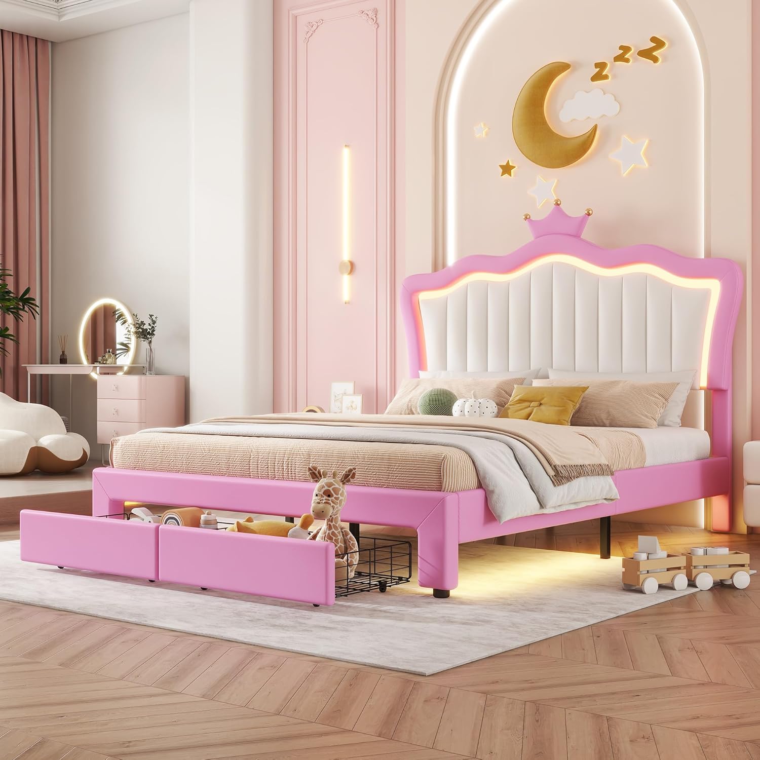 Linique Marco de cama de princesa tapizado tamaño completo con luces LED, cabecera de corona, 2 cajones, para niñas, rosa y blanco