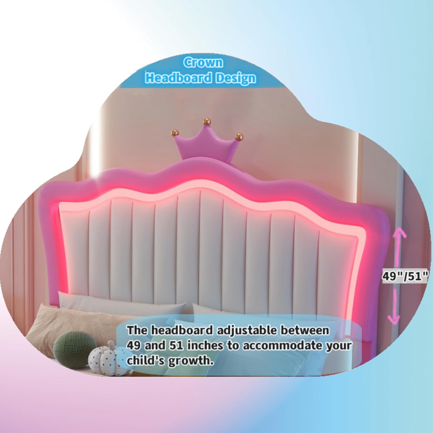 Linique Marco de cama de princesa tapizado tamaño completo con luces LED, cabecera de corona, 2 cajones, para niñas, rosa y blanco