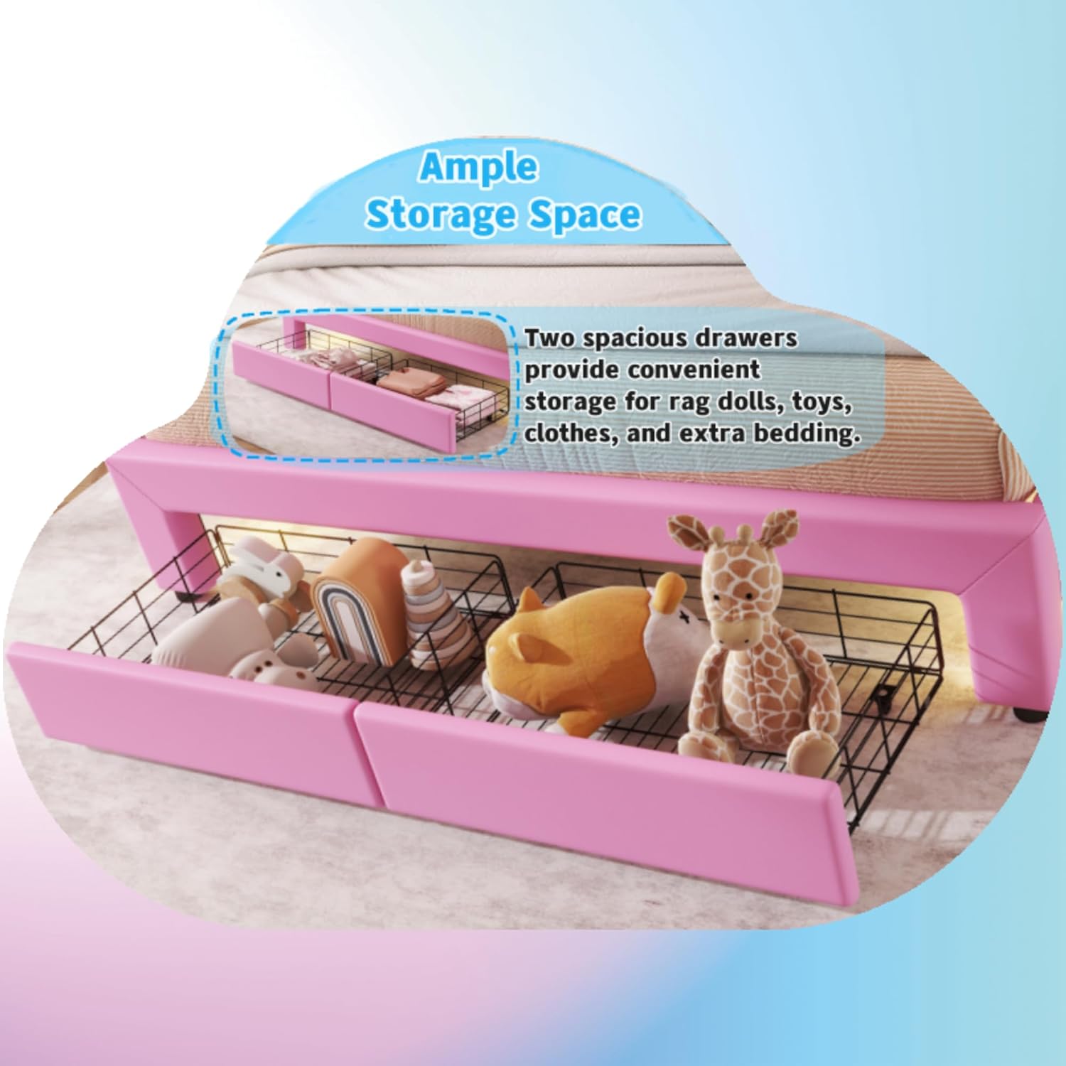 Linique Marco de cama de princesa tapizado tamaño completo con luces LED, cabecera de corona, 2 cajones, para niñas, rosa y blanco