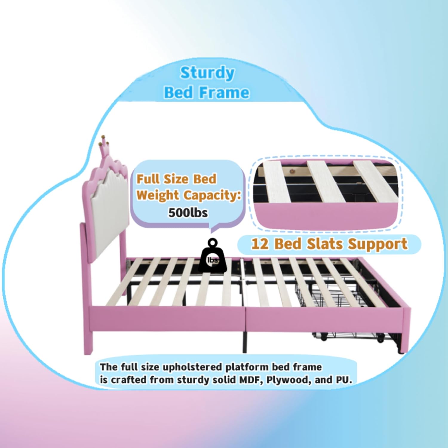 Linique Marco de cama de princesa tapizado tamaño completo con luces LED, cabecera de corona, 2 cajones, para niñas, rosa y blanco