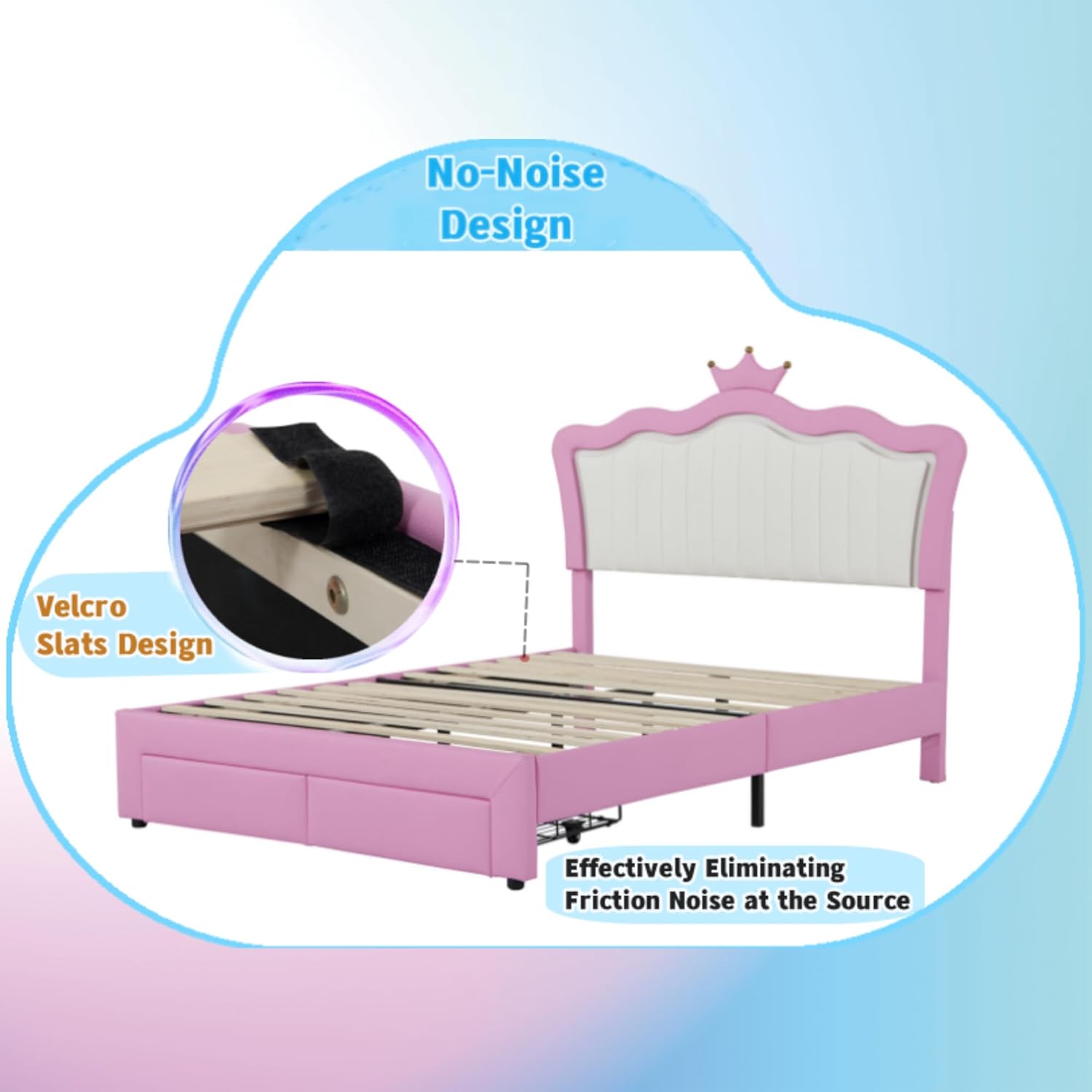 Linique Marco de cama de princesa tapizado tamaño completo con luces LED, cabecera de corona, 2 cajones, para niñas, rosa y blanco