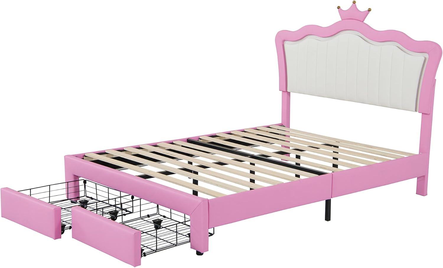 Linique Marco de cama de princesa tapizado tamaño completo con luces LED, cabecera de corona, 2 cajones, para niñas, rosa y blanco