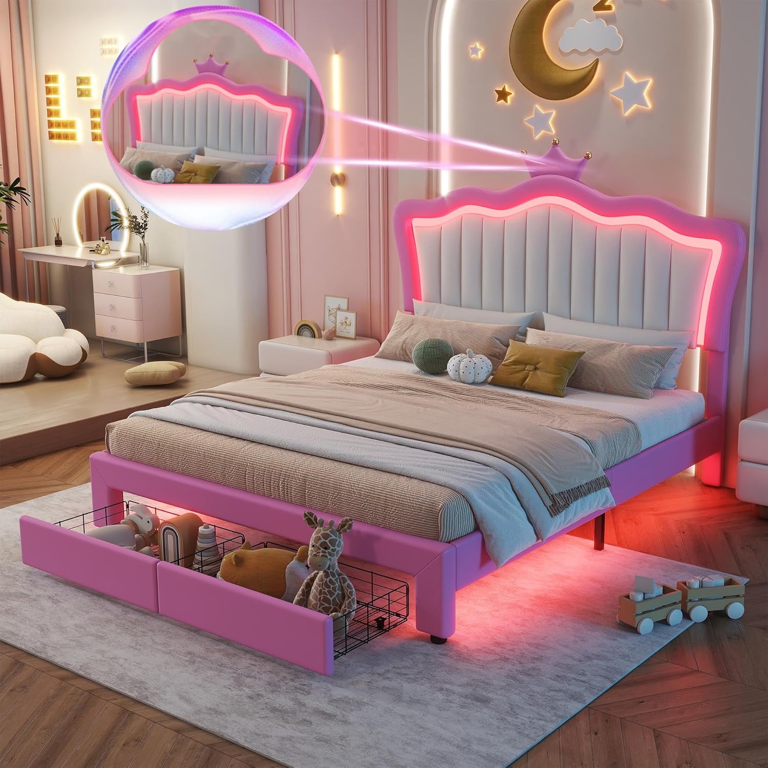 Linique Marco de cama de princesa tapizado tamaño completo con luces LED, cabecera de corona, 2 cajones, para niñas, rosa y blanco