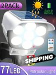 2pcs Outdoor Solar Powered Motion Sensor Fake Camera Lights, Solar Wall Lamp Yard Night Light LED Spotlight, 6000LUM 77 LED Floodlight With Remote Control, Wireless Security Floodlight - Suitable For Hotel, Porch, Garden, Patio, Driveway Lighting Decor Fo