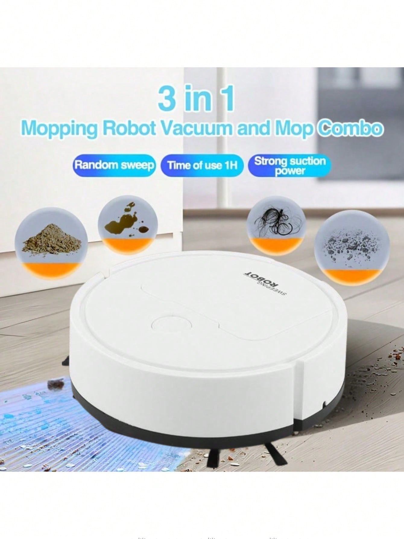 3-In-1 Robot Vacuum And Mop, Strong Suction, 60 Min Runtime, Ultra-Thin Design, Low Noise, Suitable For Pet Hair, Hard Floors & Daily Cleaning, Auto-Adjusts For Obstacles, Random Sweeping, 400mAh Lithium Battery, USB Charging, Pet Hair Cleaning