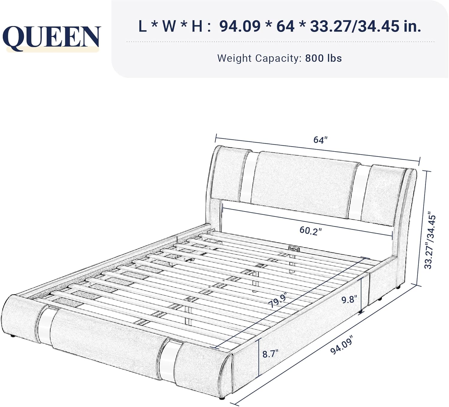 Cama de plataforma tamaño Queen con decoración de piezas de hierro, cama tapizada de piel sintética con cabecera ajustable curvada, soporte de listones de madera, no necesita somier
