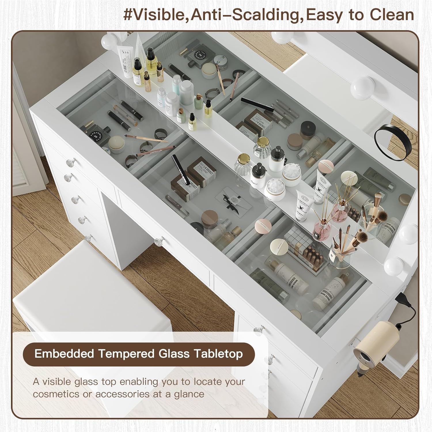 Escritorio de tocador y toma de corriente, tocador de maquillaje con espejo y 12 luces LED, mesa de maquillaje con 11 cajones, mesa de tocador con silla, juego de 3 modos de iluminación