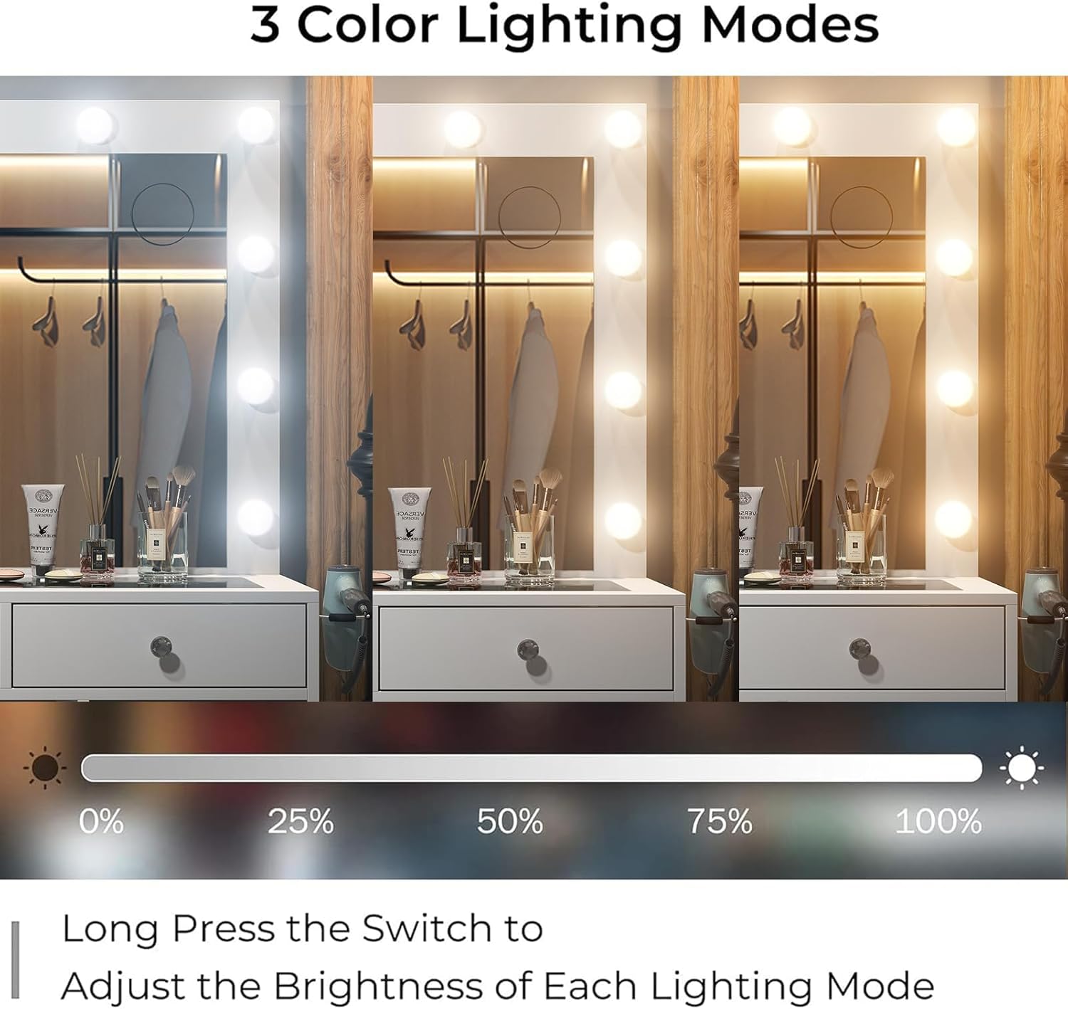 Escritorio de tocador y toma de corriente, tocador de maquillaje con espejo y 12 luces LED, mesa de maquillaje con 11 cajones, mesa de tocador con silla, juego de 3 modos de iluminación